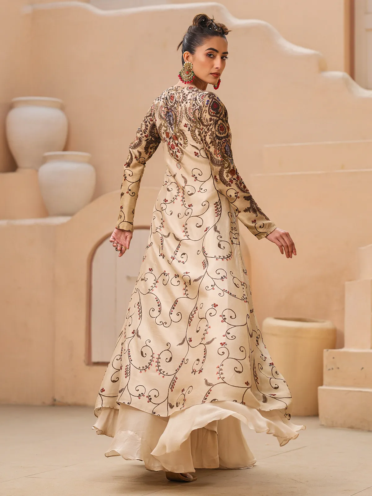 Cream raw silk printed floor length suit