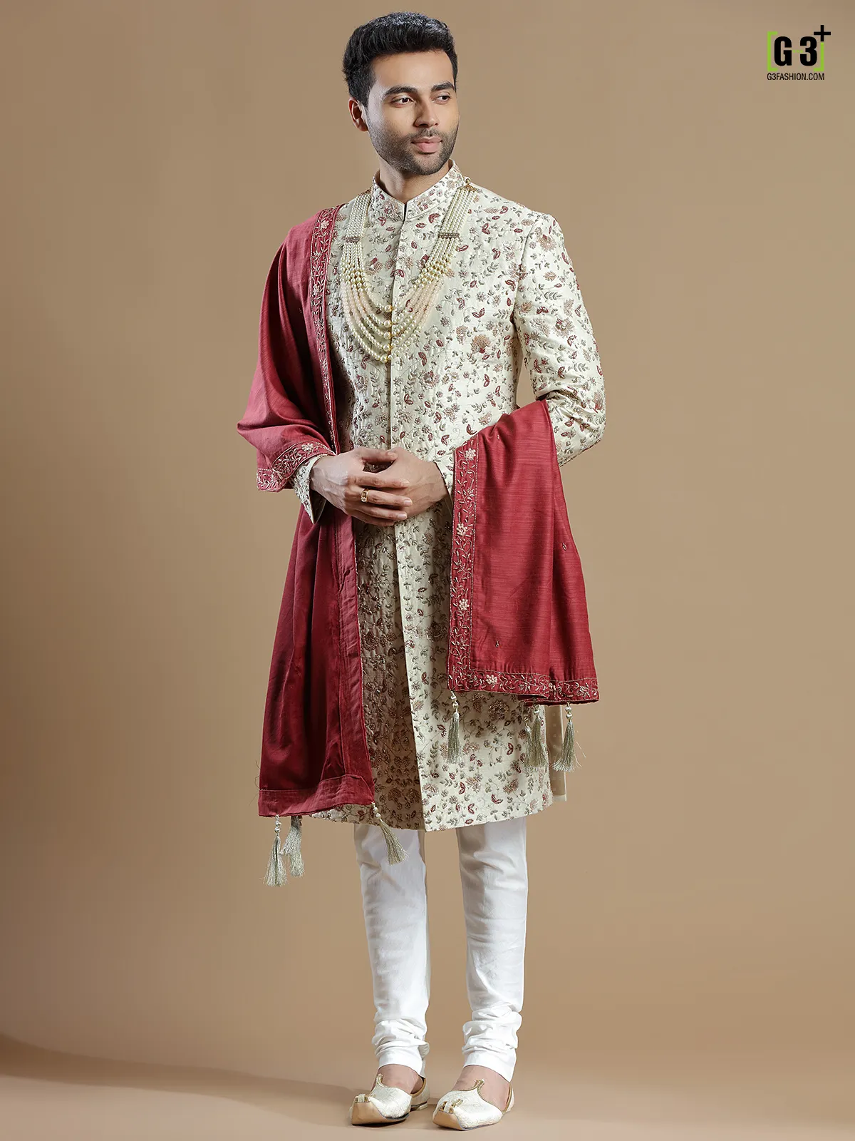 Cream rich raw silk groom wear sherwani