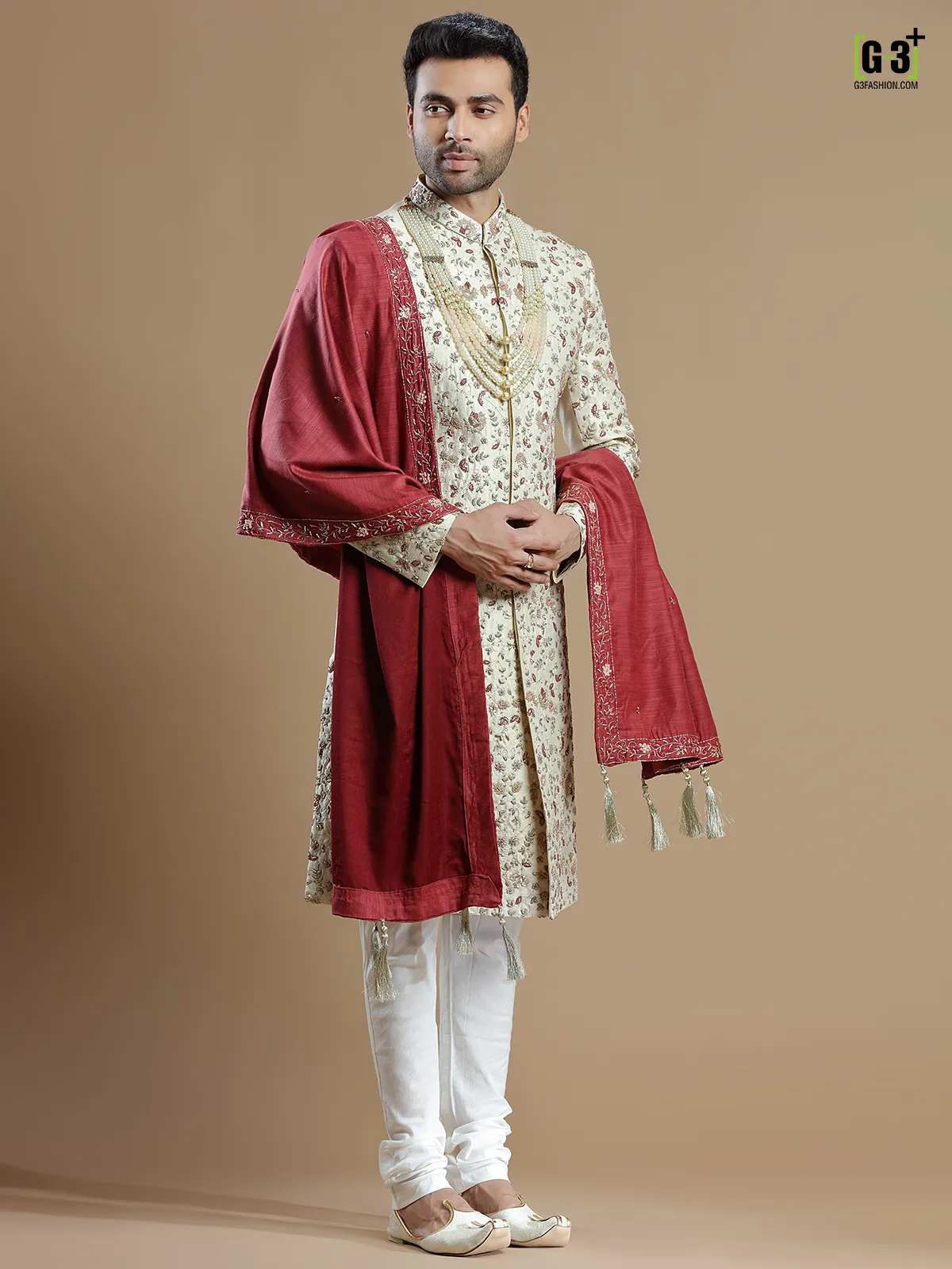 Cream rich raw silk groom wear sherwani