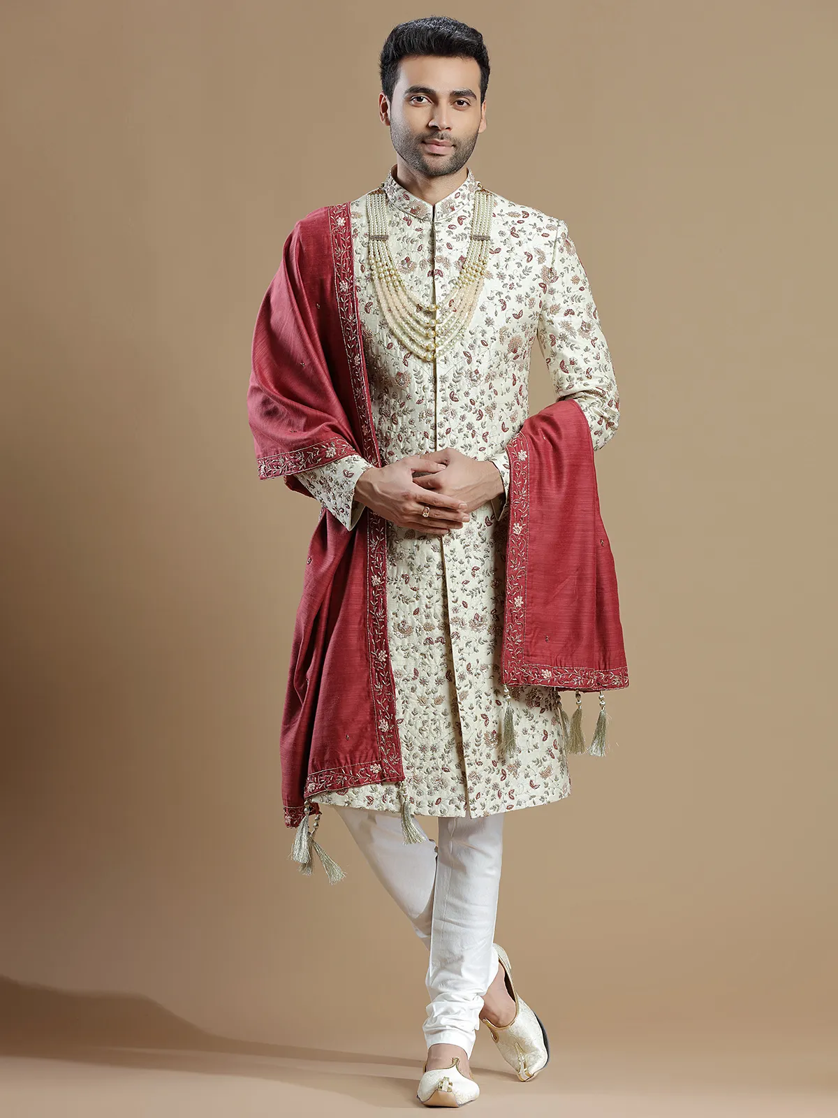 Cream rich raw silk groom wear sherwani