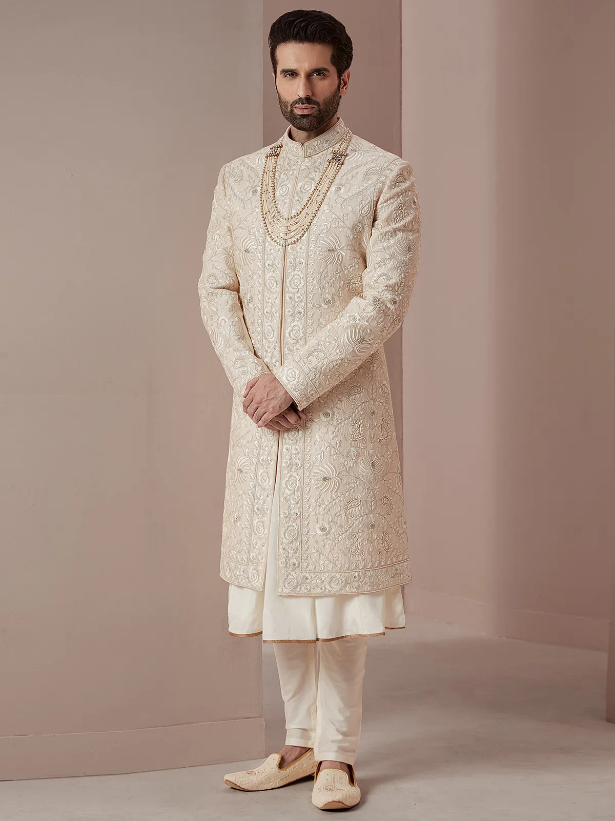 Cream rich raw silk groom and wedding sherwani