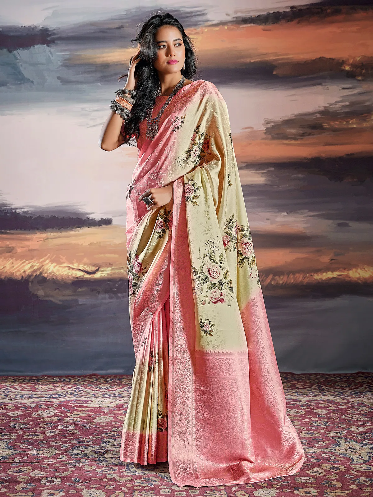 Cream satin floral printed saree