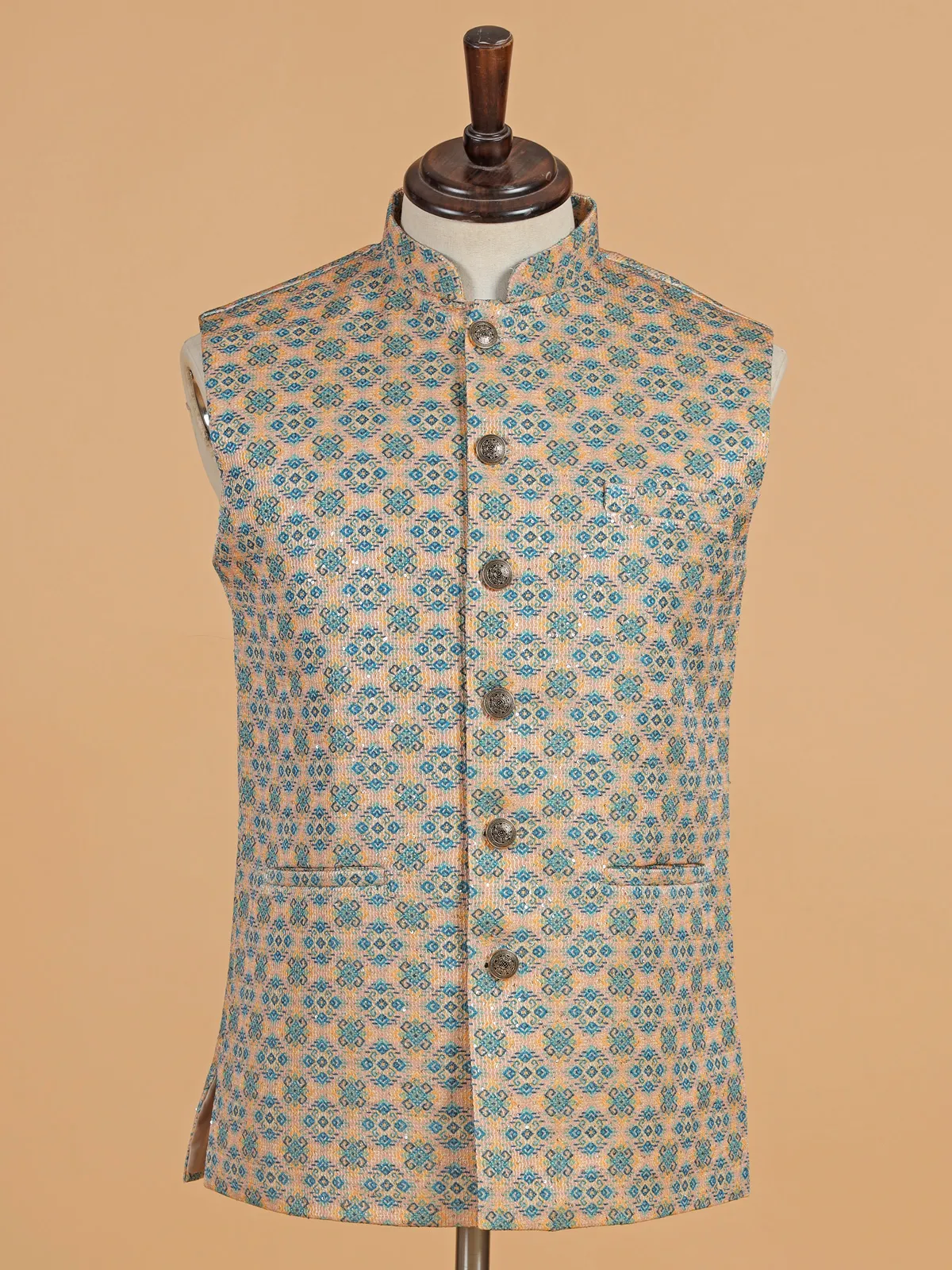 Cream sequins worked cotton silk waistcoat