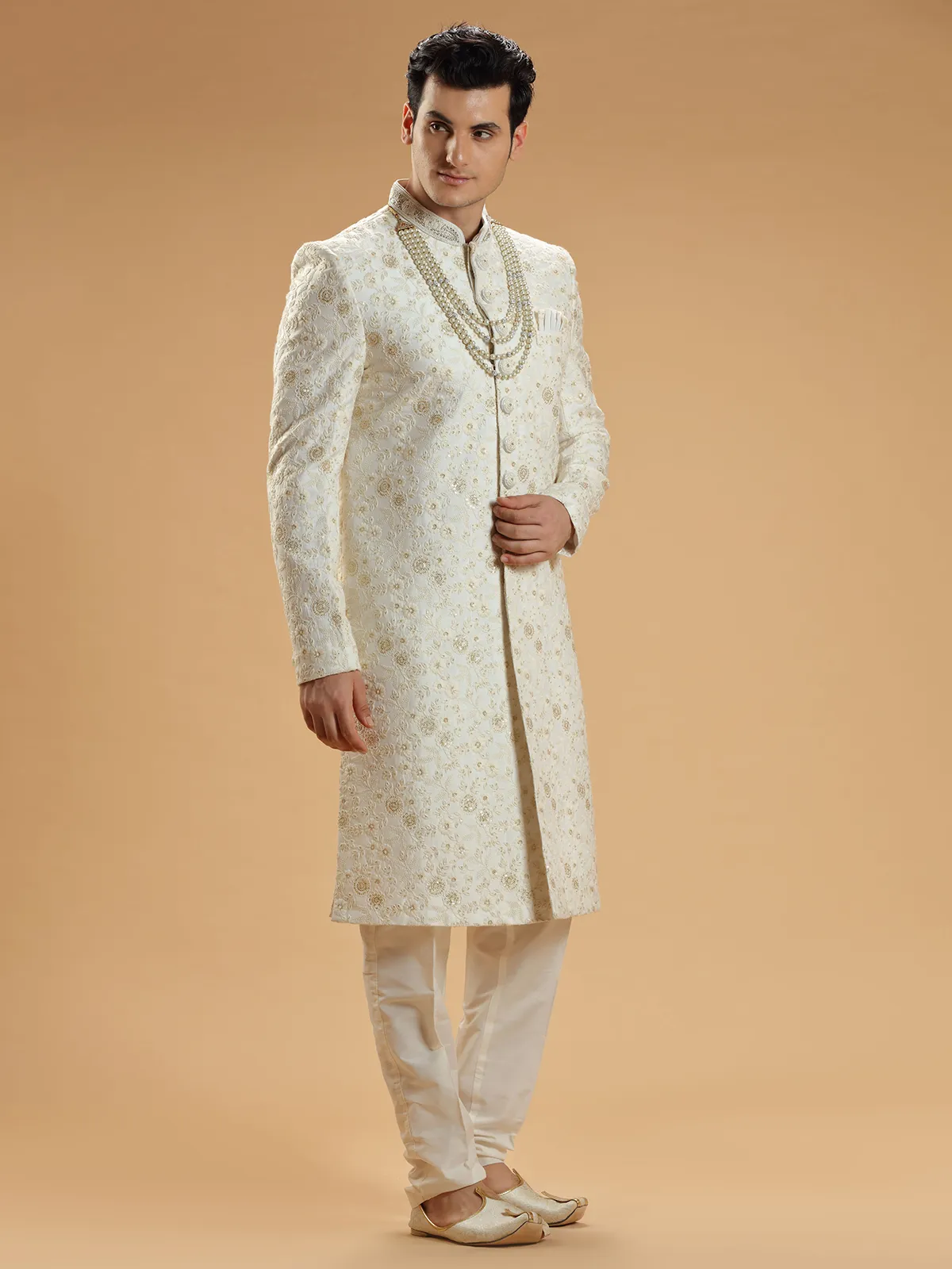 Cream sherwani in silk with embroidery