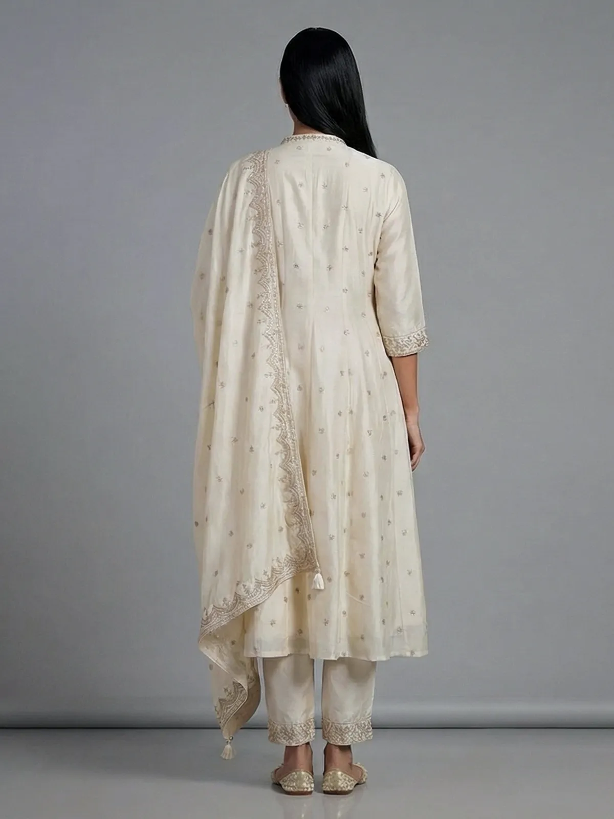 Cream silk anarkali style festive salwar suit