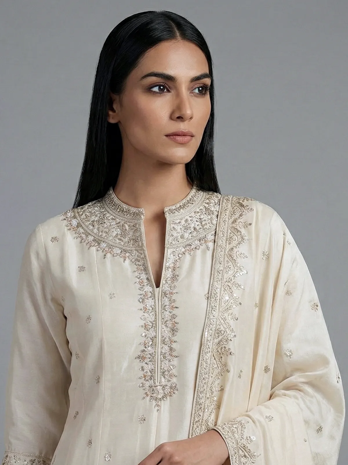 Cream silk anarkali style festive salwar suit
