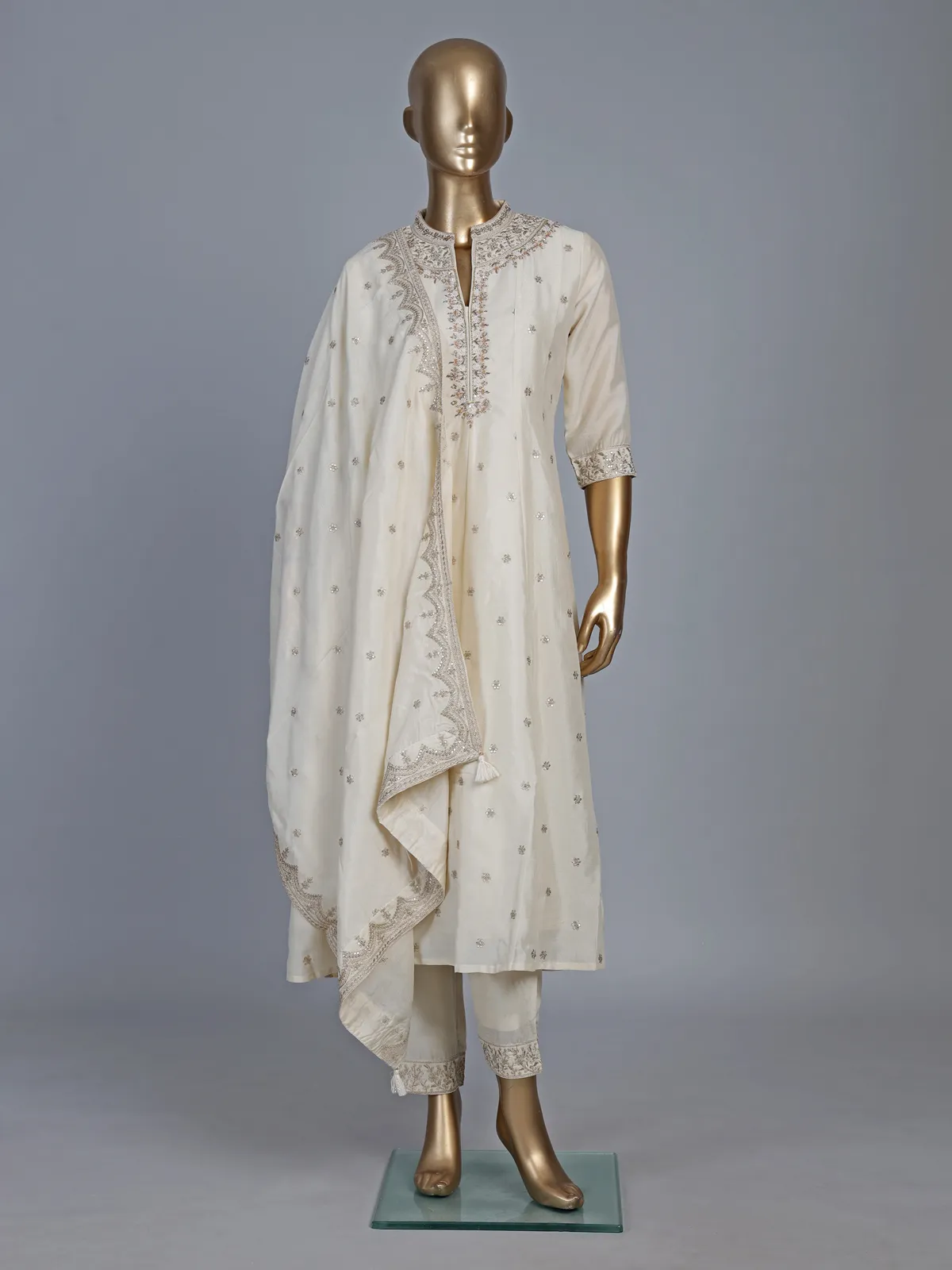 Cream silk anarkali style festive salwar suit