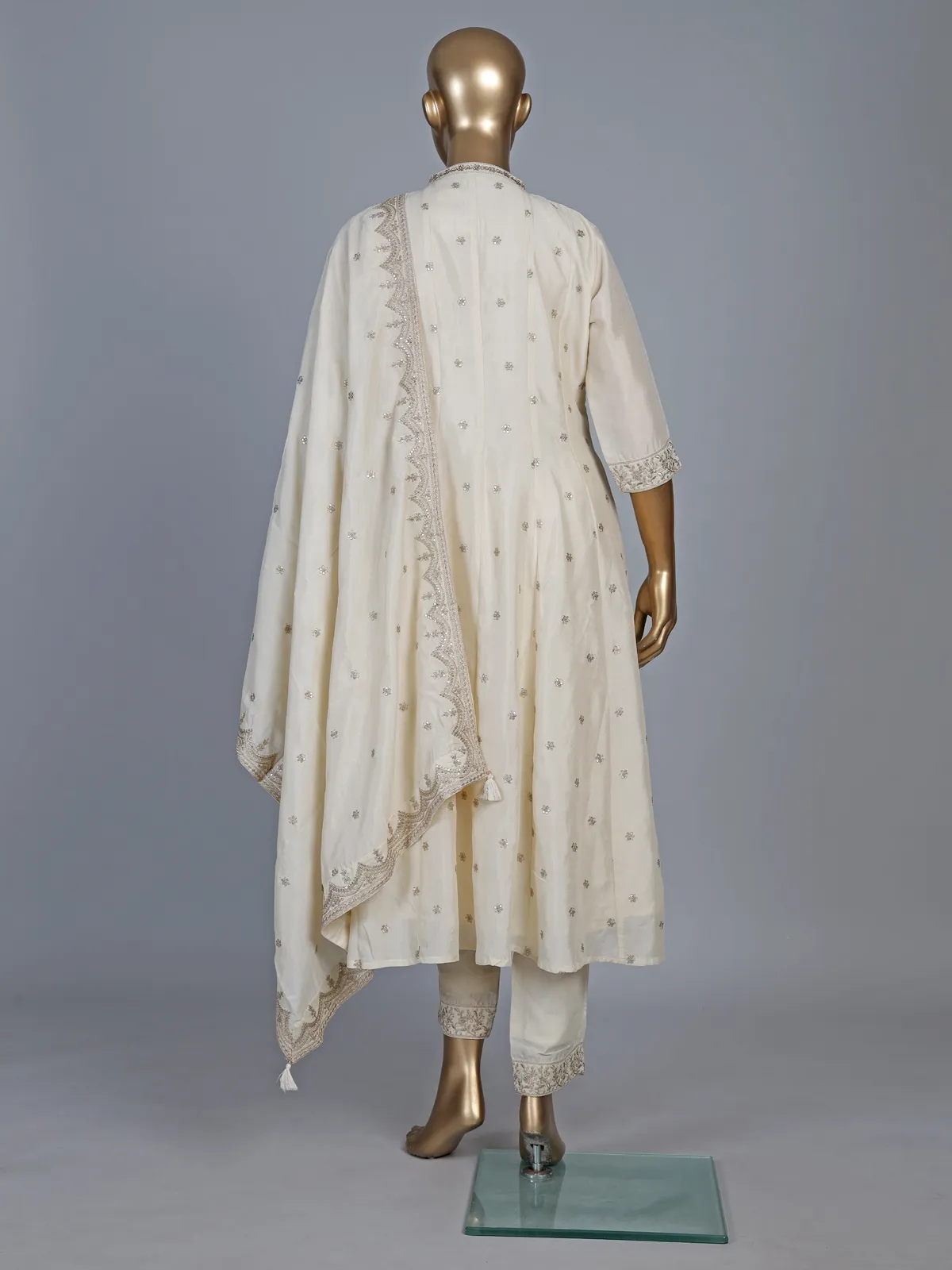 Cream silk anarkali style festive salwar suit