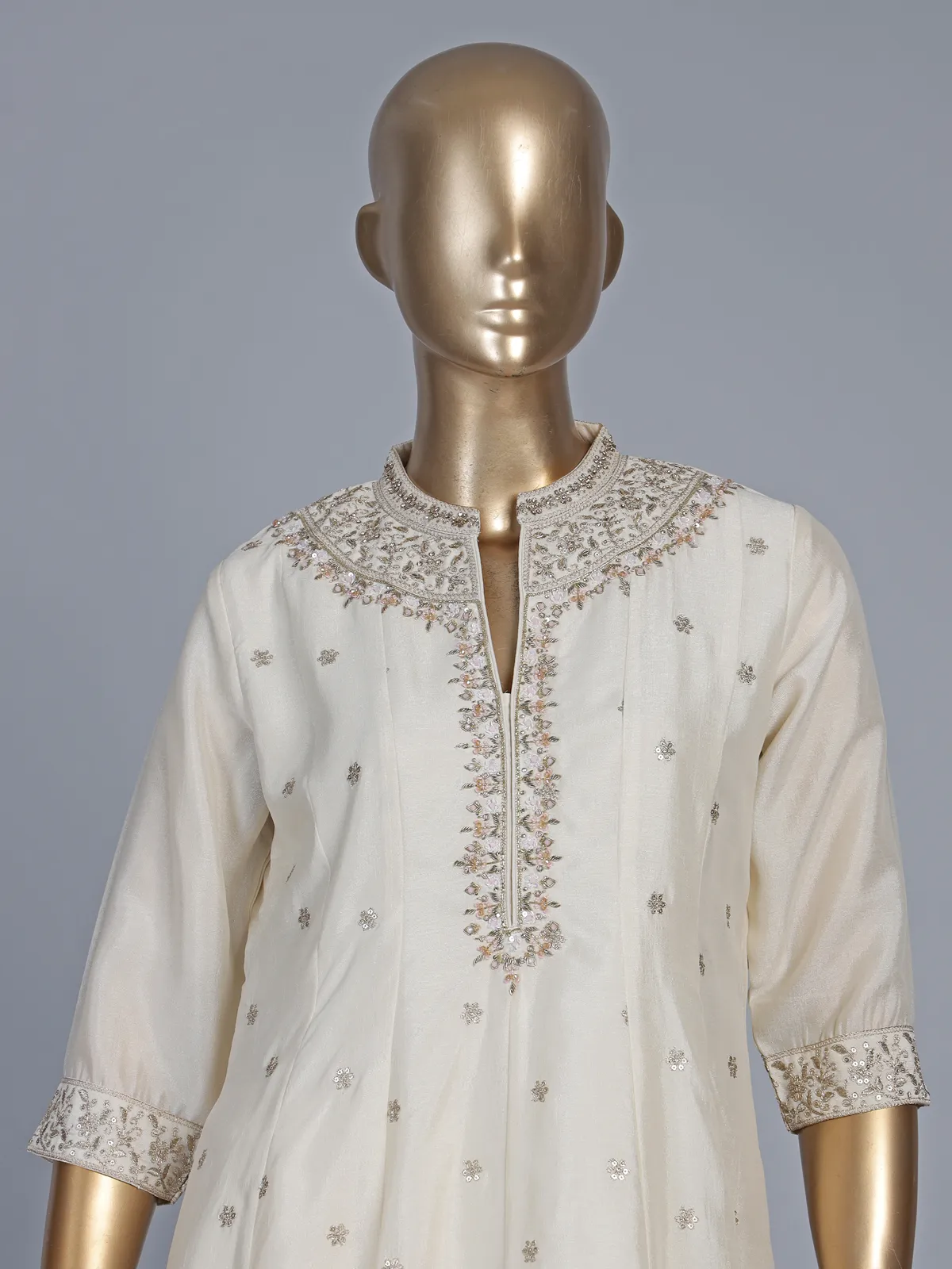 Cream silk anarkali style festive salwar suit