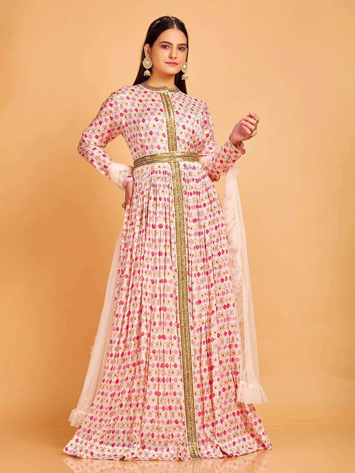 Cream silk anarkali suit with floral print