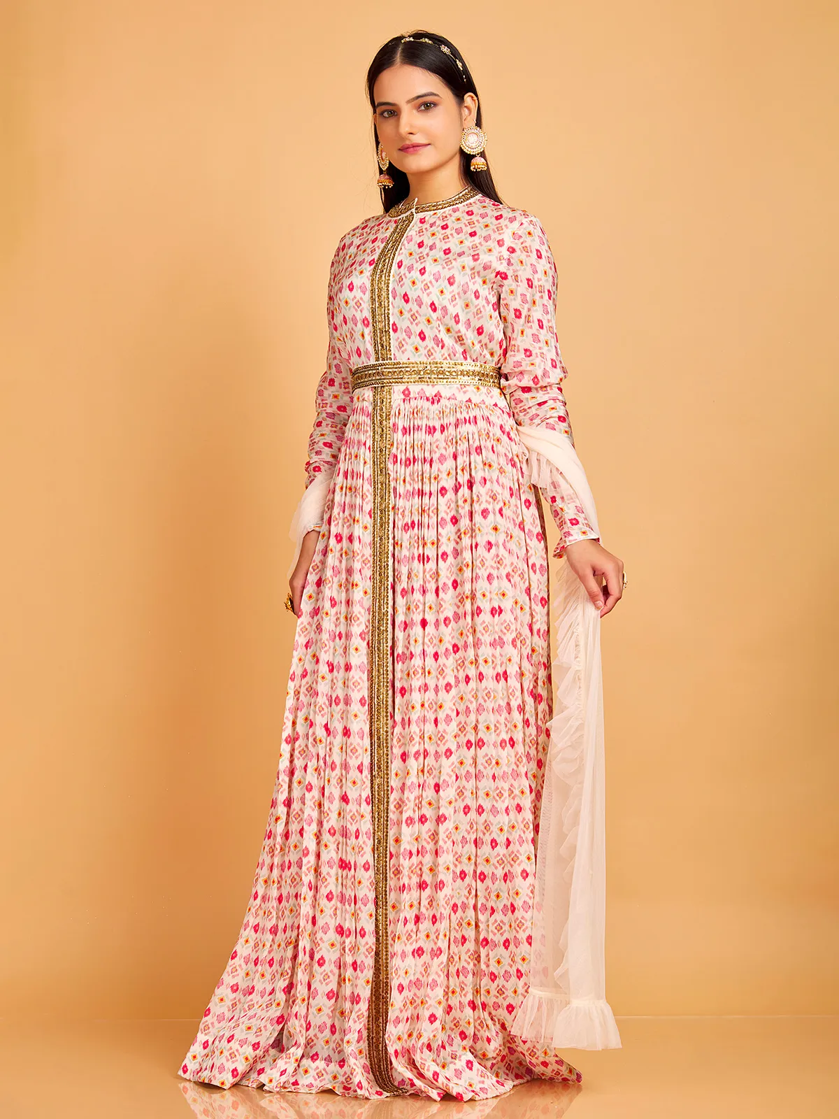 Cream silk anarkali suit with floral print