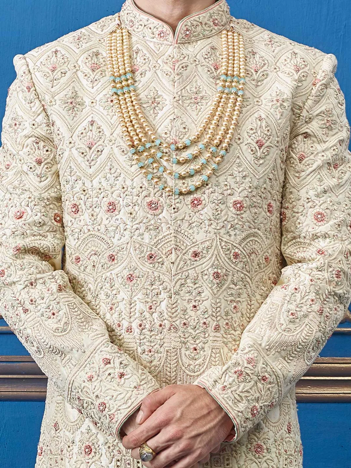 Cream silk double layer sherwani for groom wear
