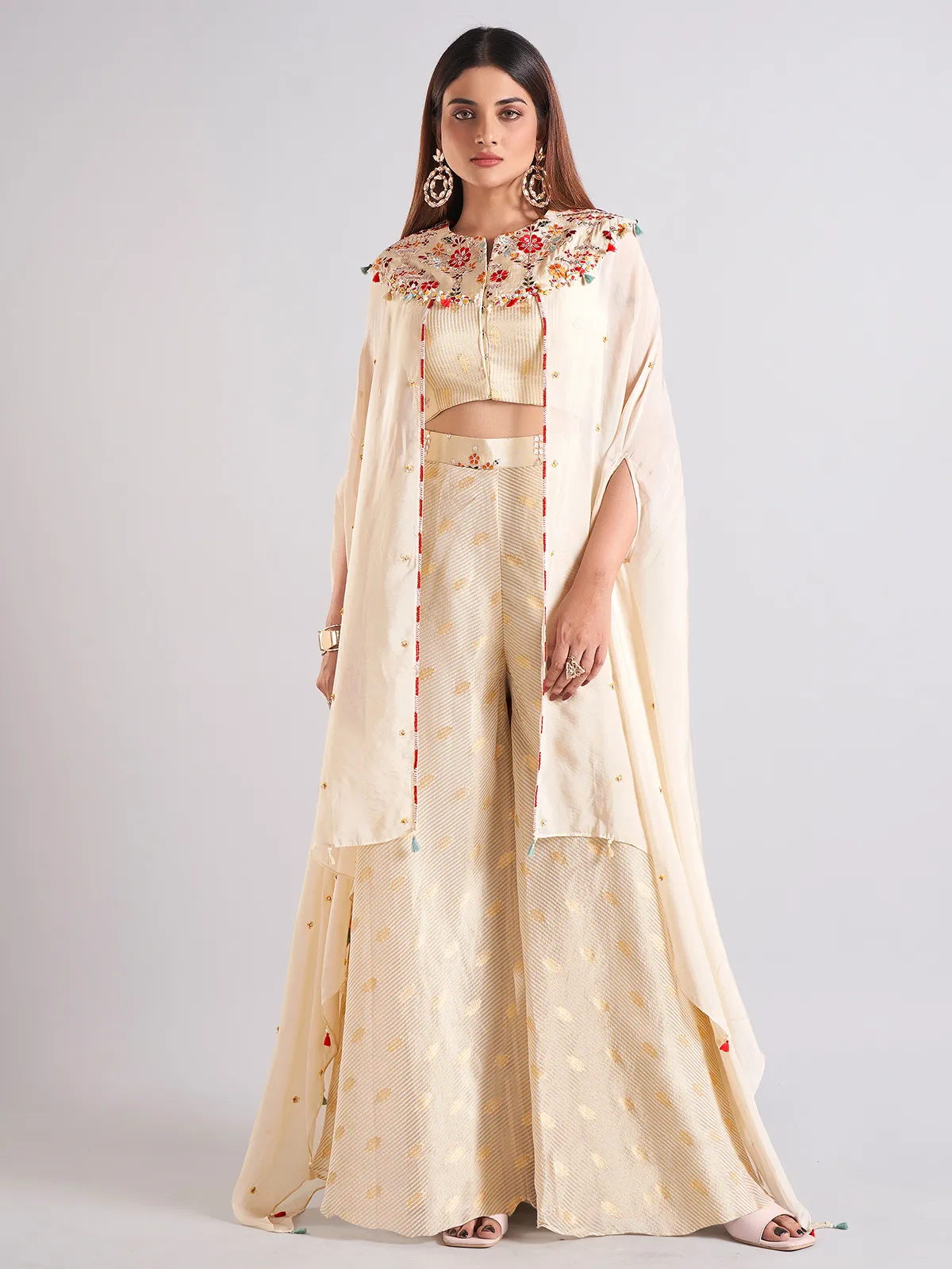 Cream silk embroidery palazzo salwar suit