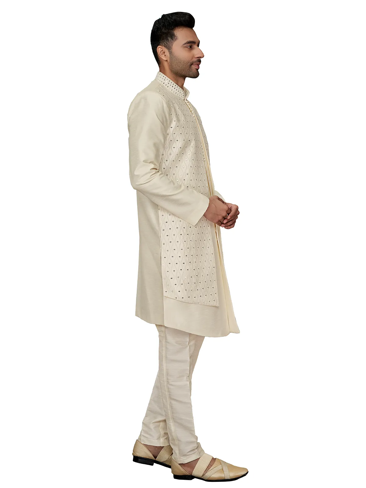 Cream silk indowestern for wedding wear