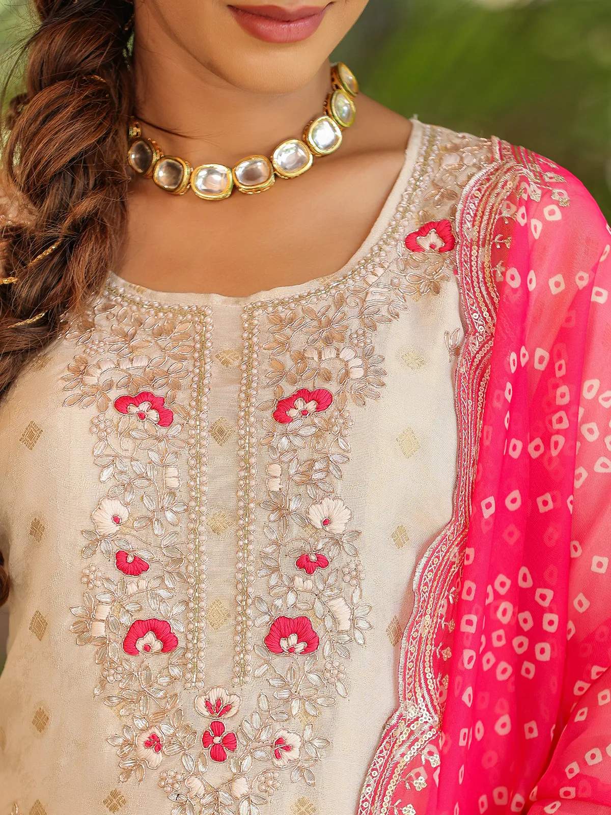 Cream silk kurti set with pink dupatta