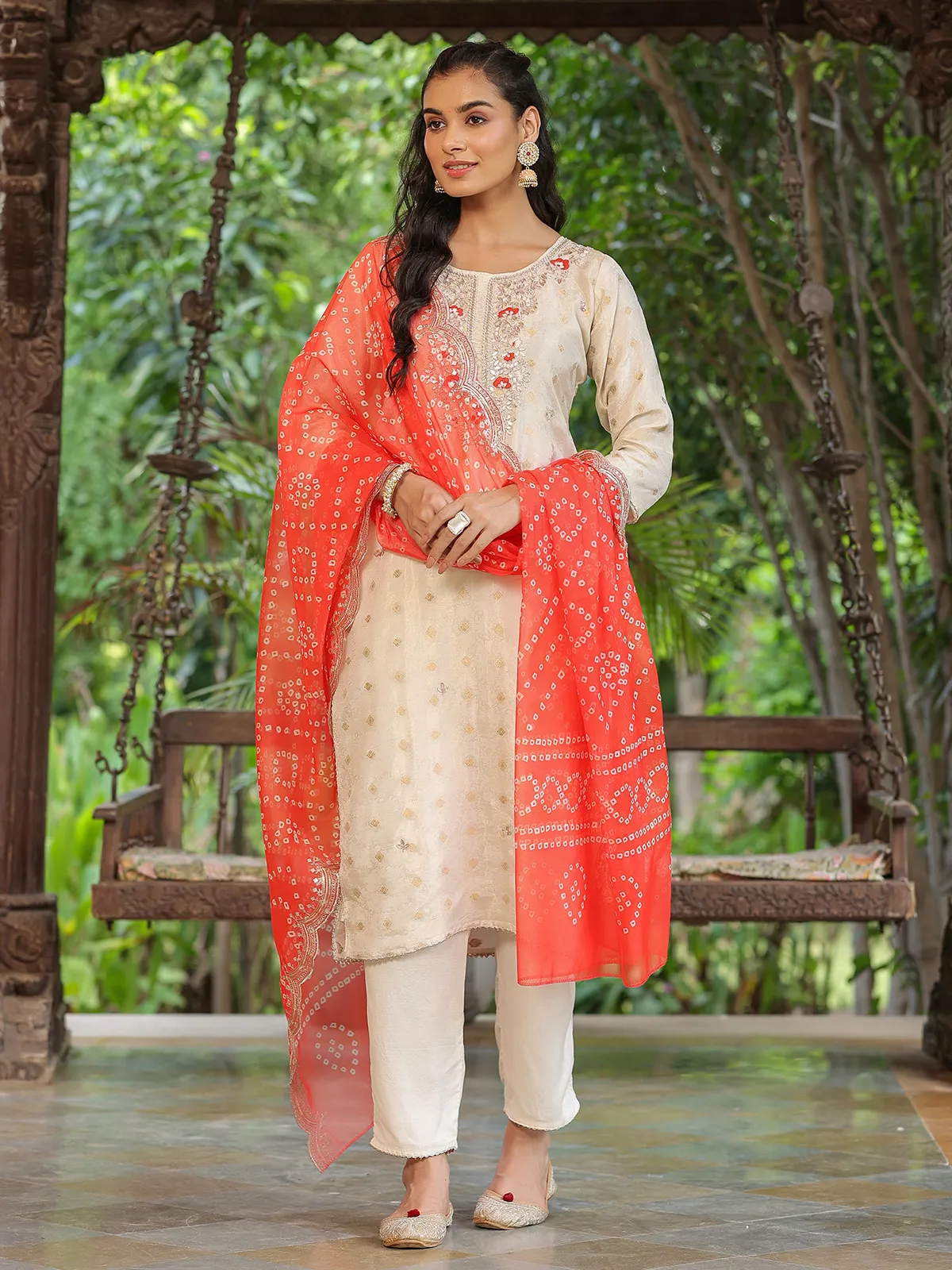 Cream silk kurti set with red dupatta