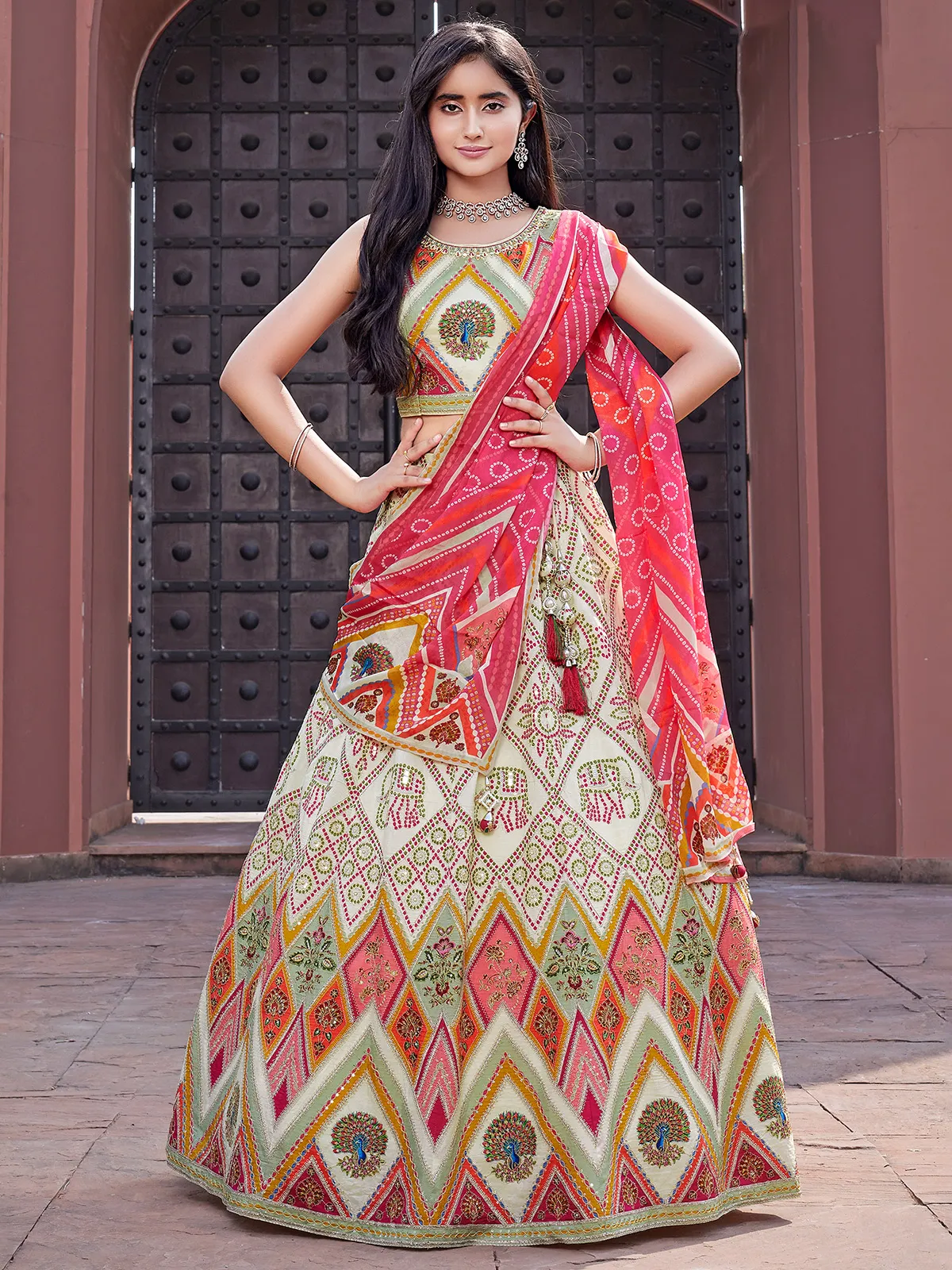Cream silk lehenga choli with print