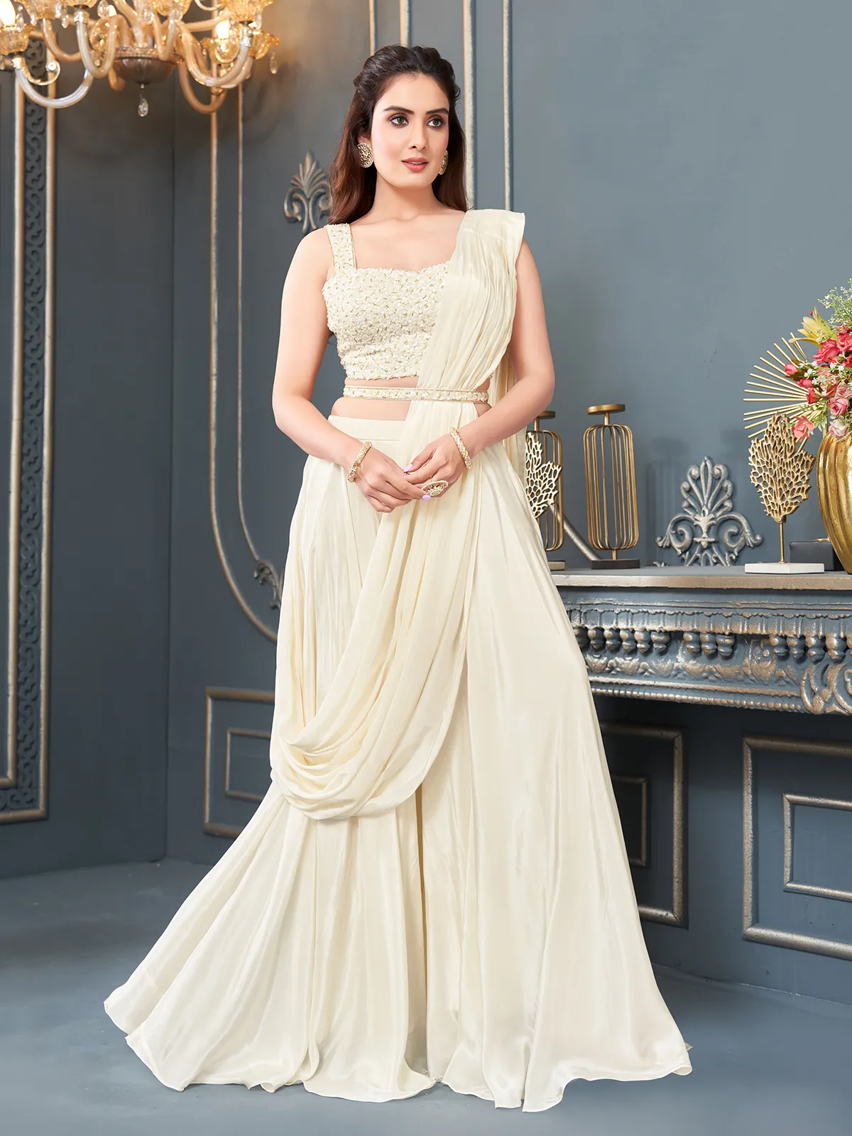 Cream silk palazzo suit for wedding