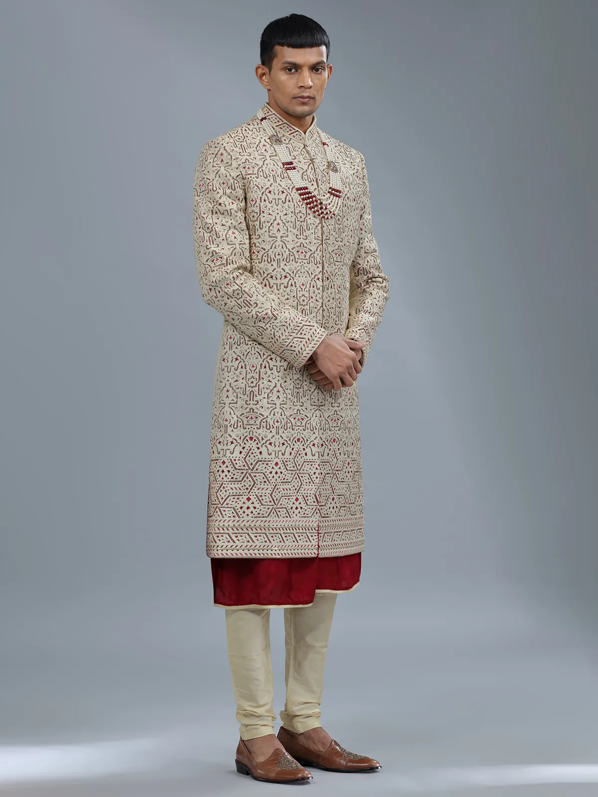 Cream silk peshwai sherwani for groom