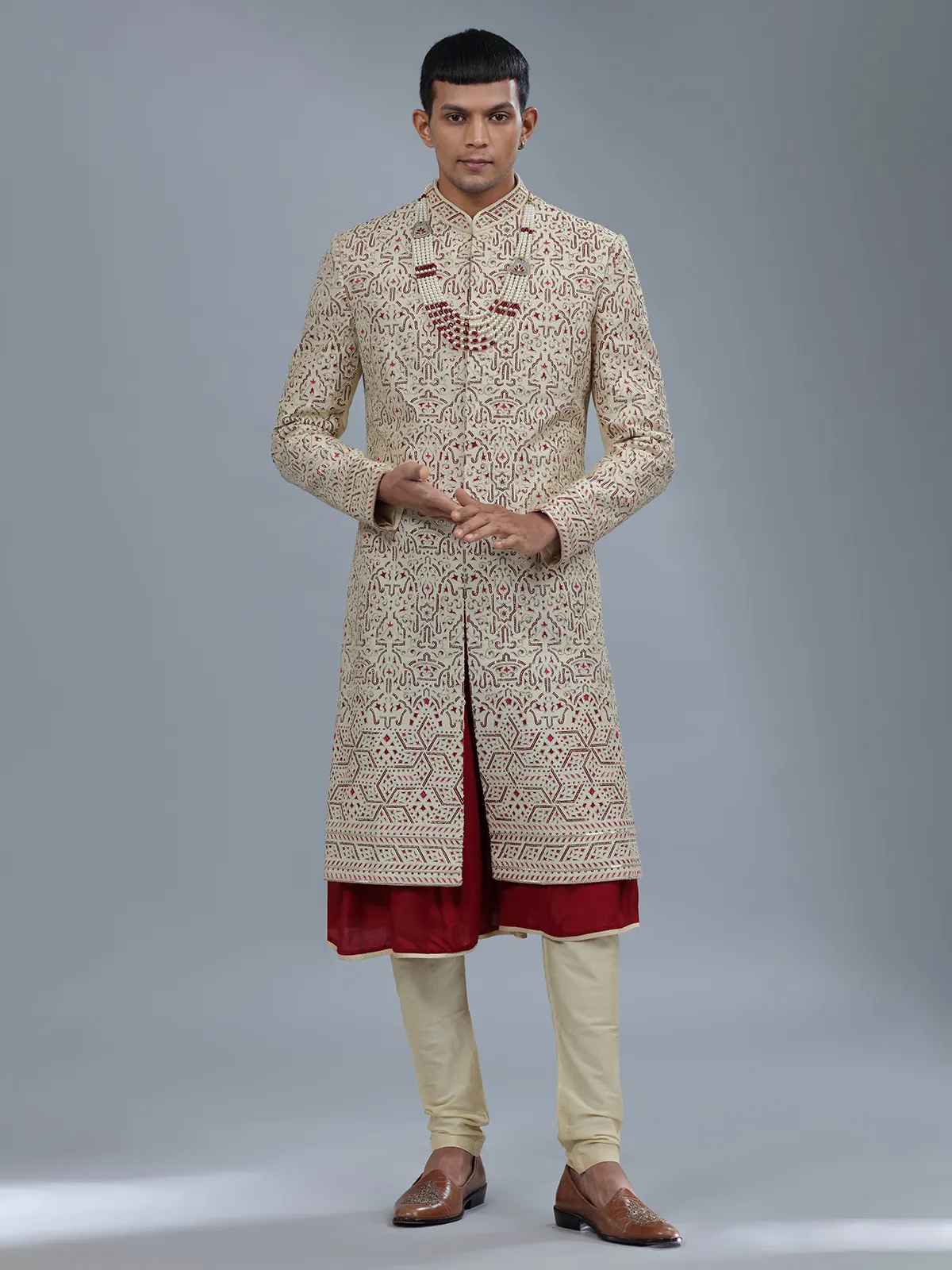 Cream silk peshwai sherwani for groom