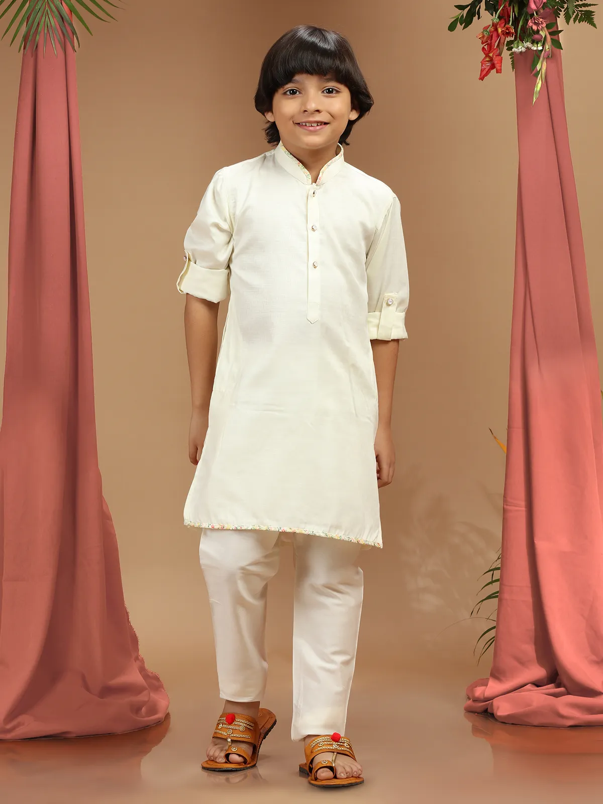 Cream silk printed boys waistcoat set