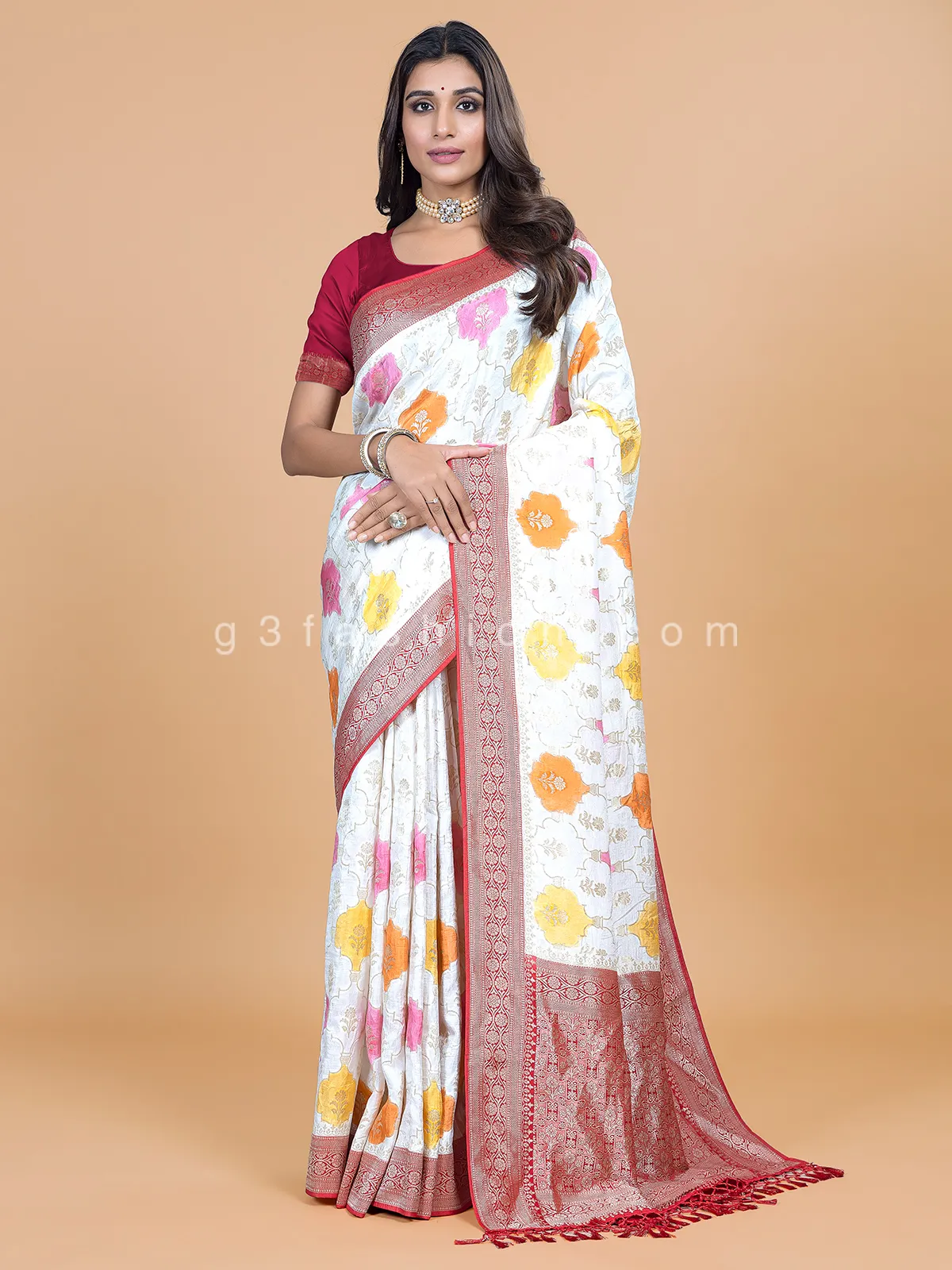 Cream dola silk saree for wedding