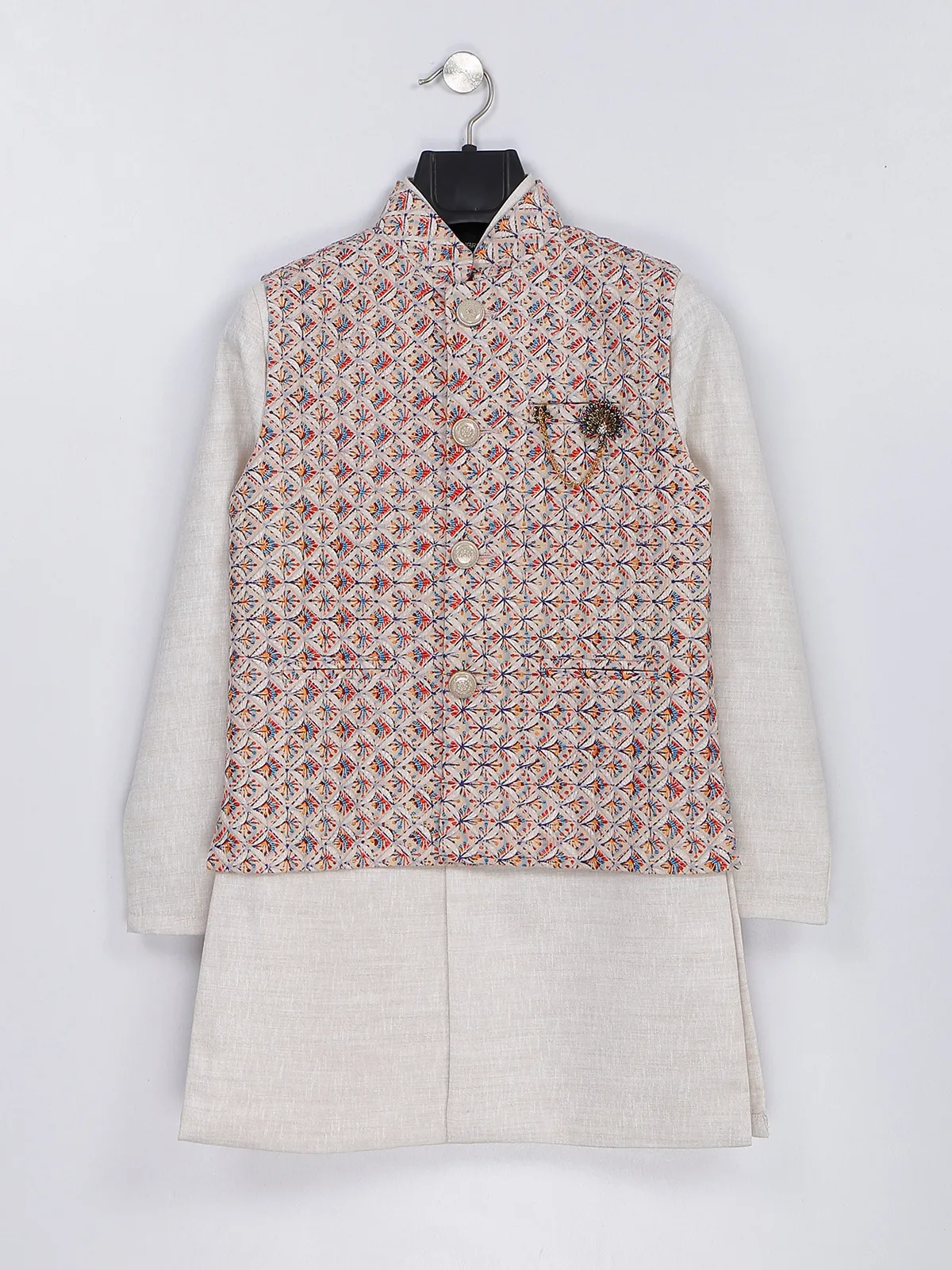 Cream silk printed wedding waistcoat set