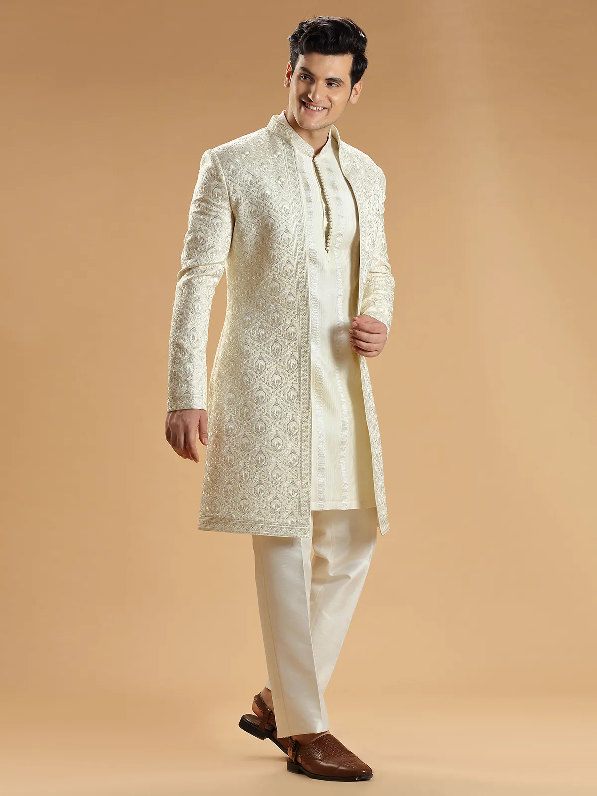 Cream silk wedding look men indowestern