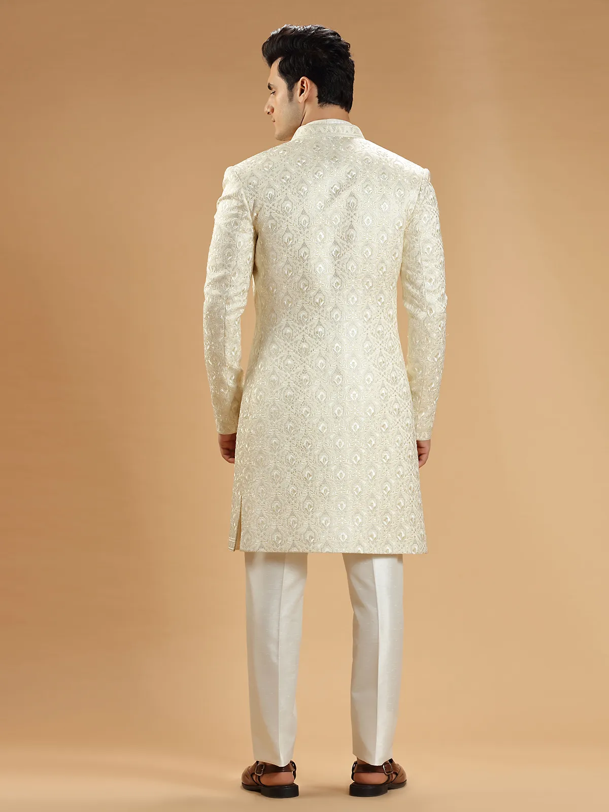 Cream silk wedding look men indowestern