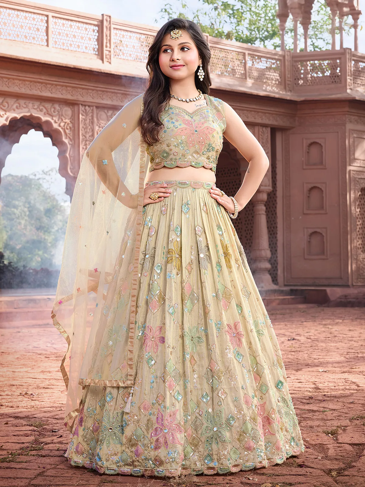 Modern Indian Dress Girls Cream Silk Wedding Wear Girls Lehenga  Choli-G3-GCS3216