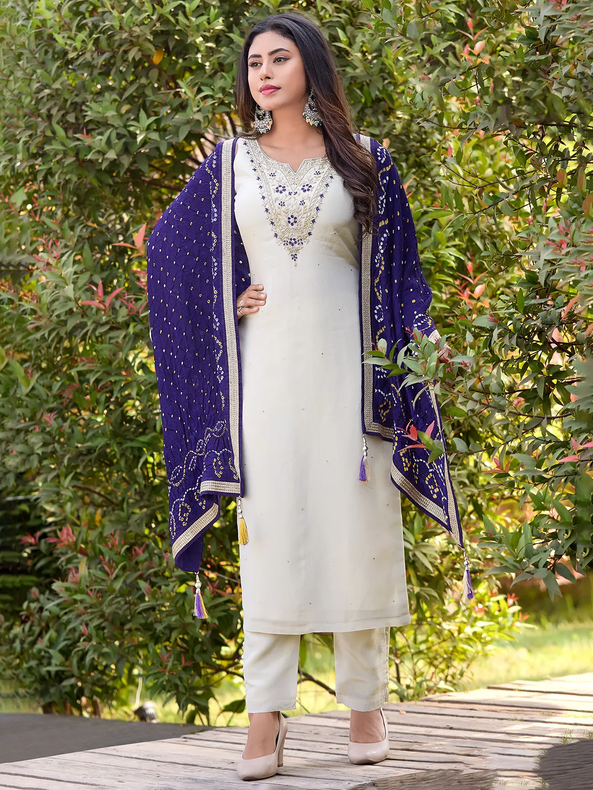 Cream straight cut silk salwar suit for festive