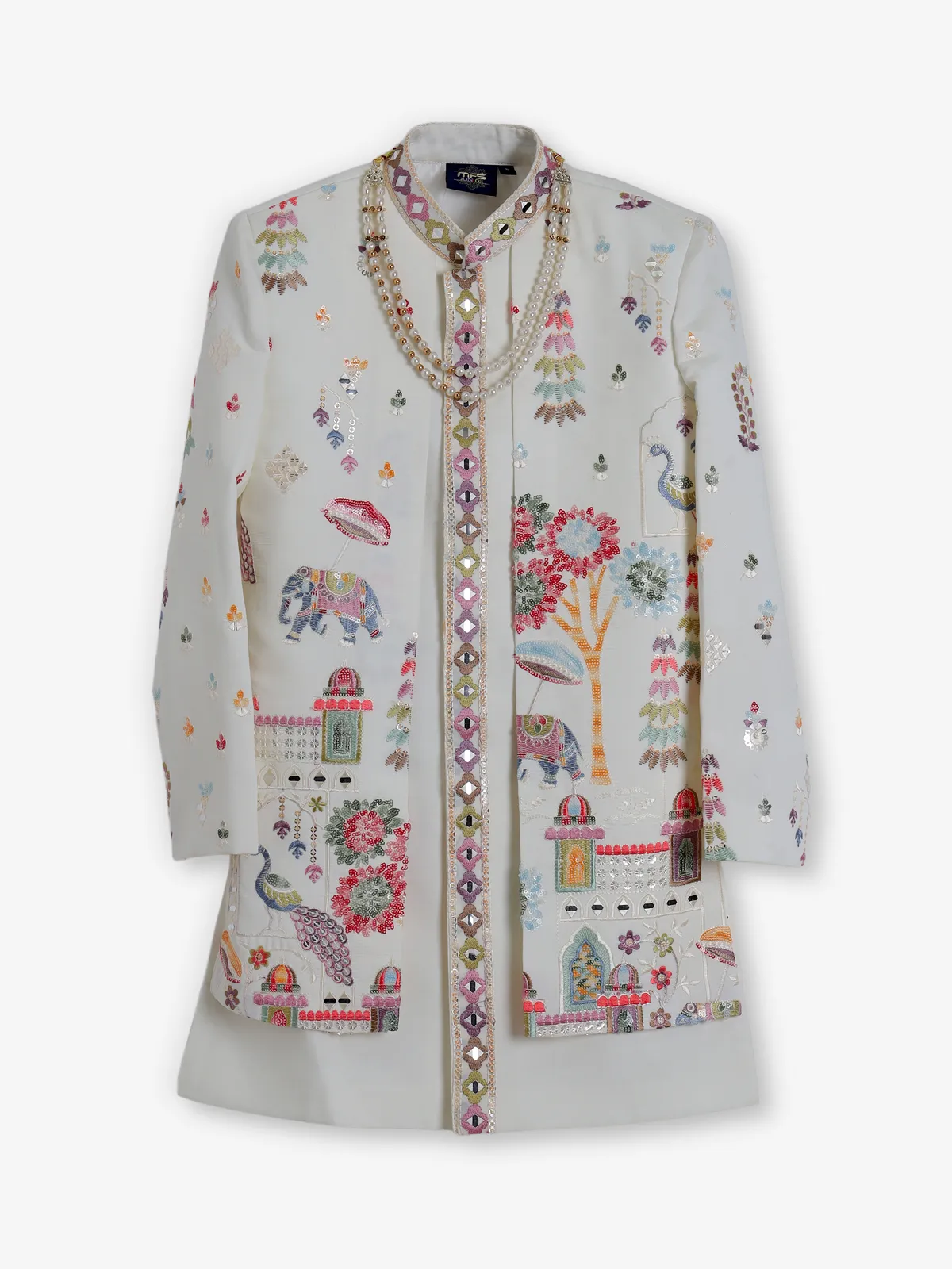 Cream terry rayon embroidered long jacket indowestern