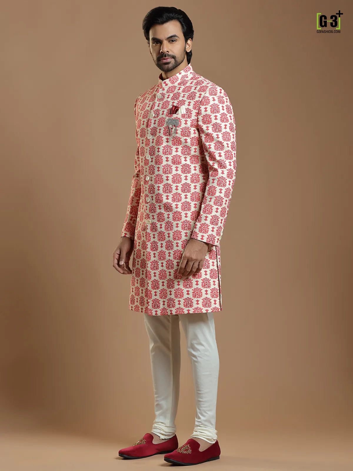 Cream terry rayon wedding wear men printed indowestern