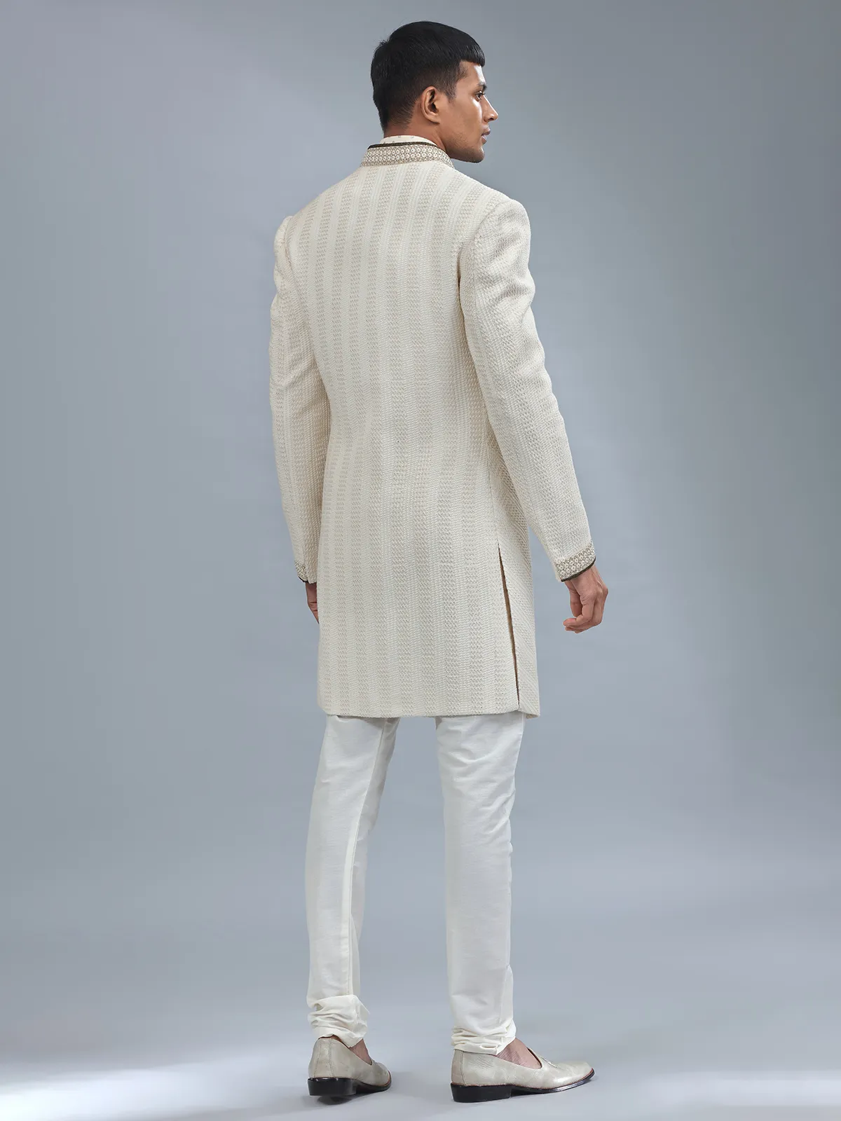 Cream textured terry rayon indowestern
