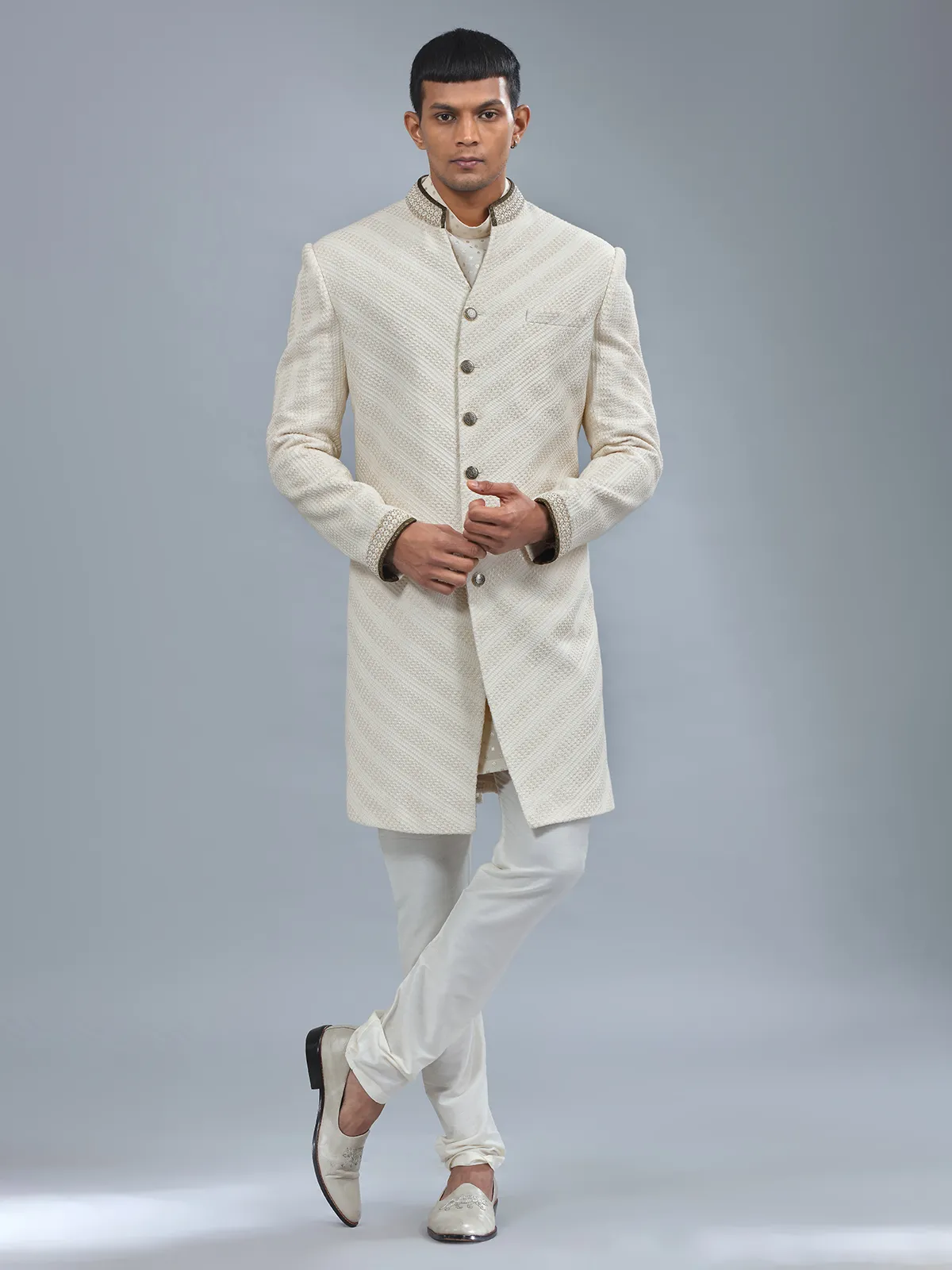 Cream textured terry rayon indowestern