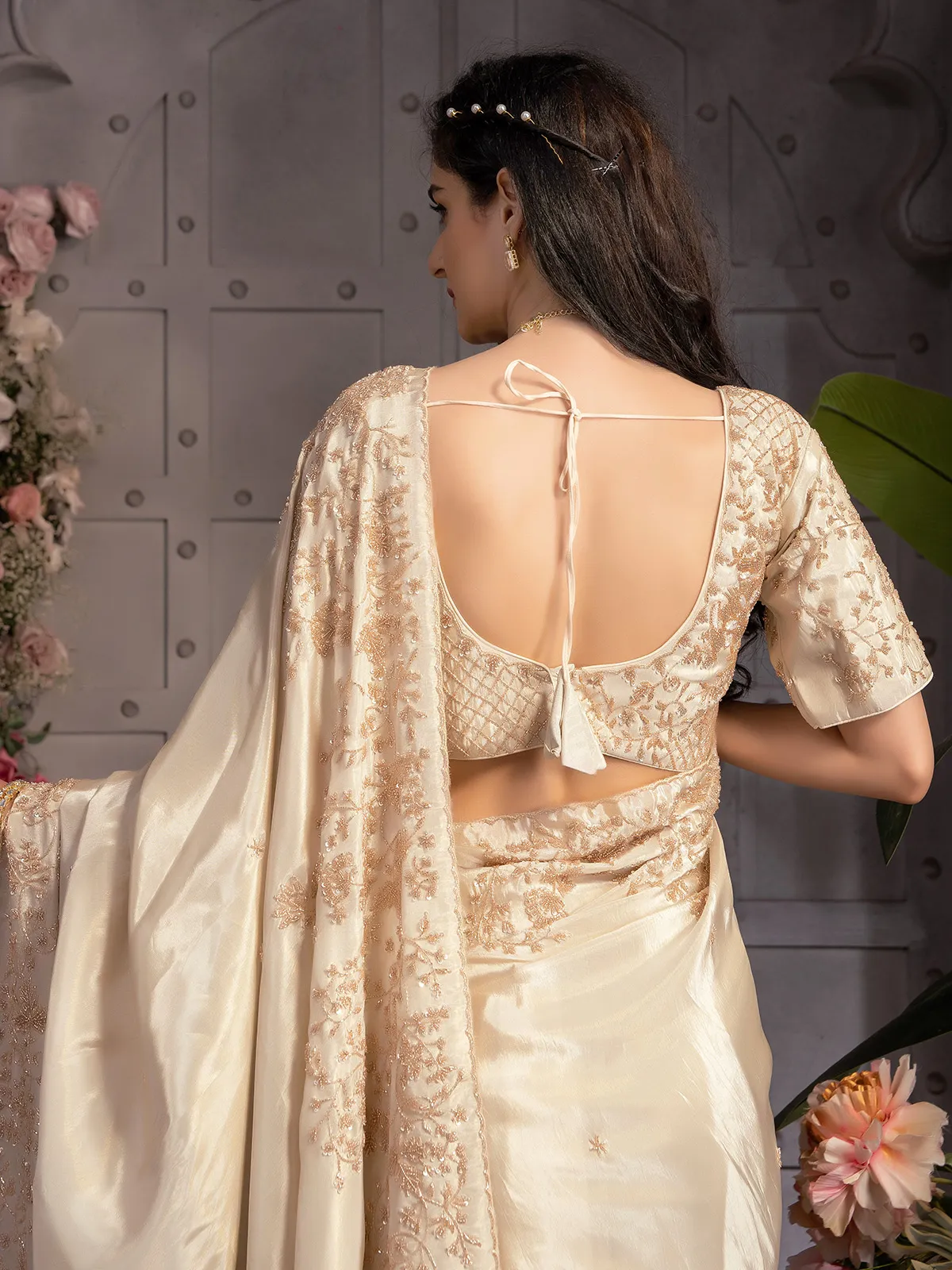 Cream tissue organza saree