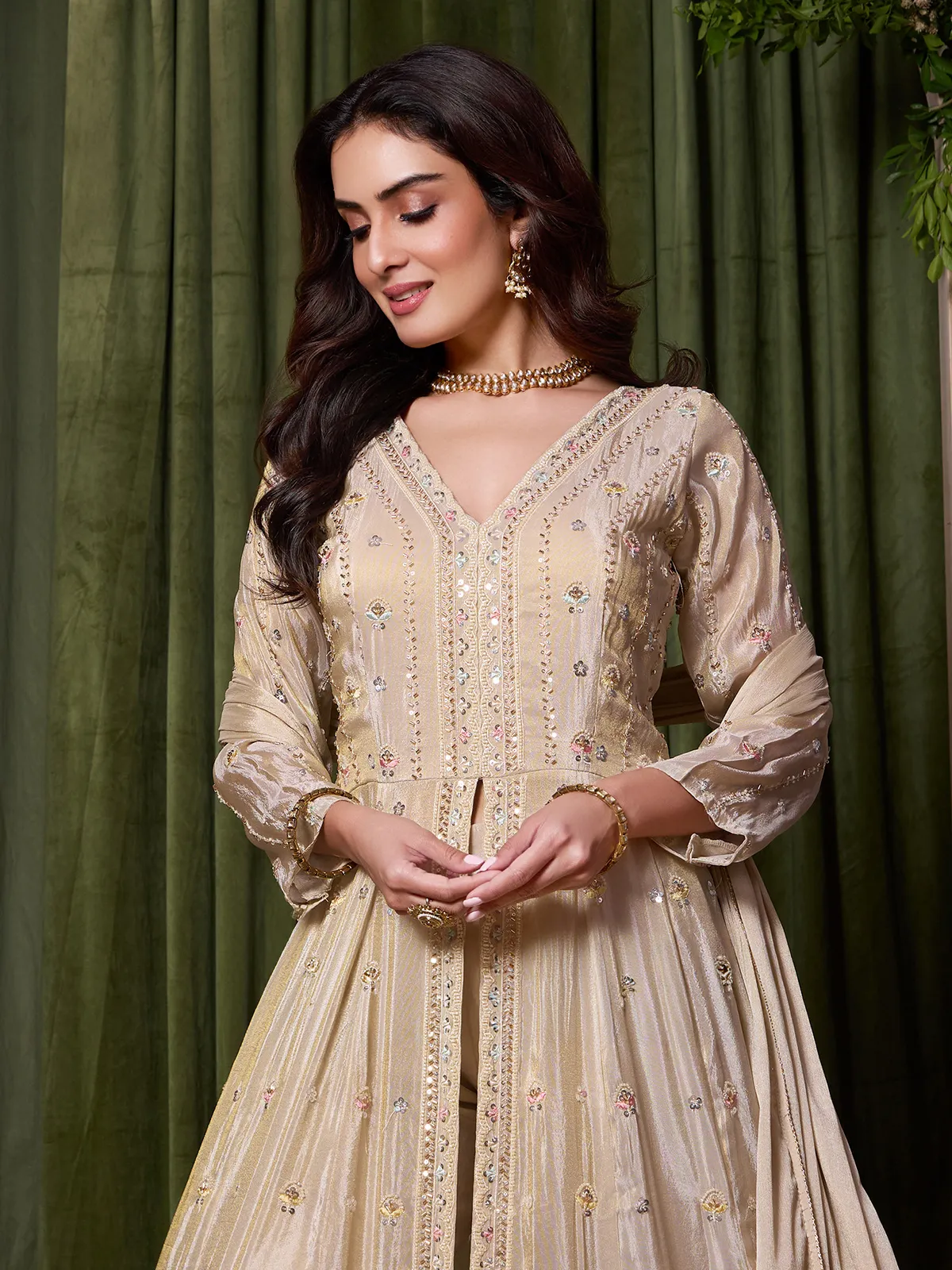 cream pakistani dress Cream Tissue Silk Anarkali Pakistani Style Suit