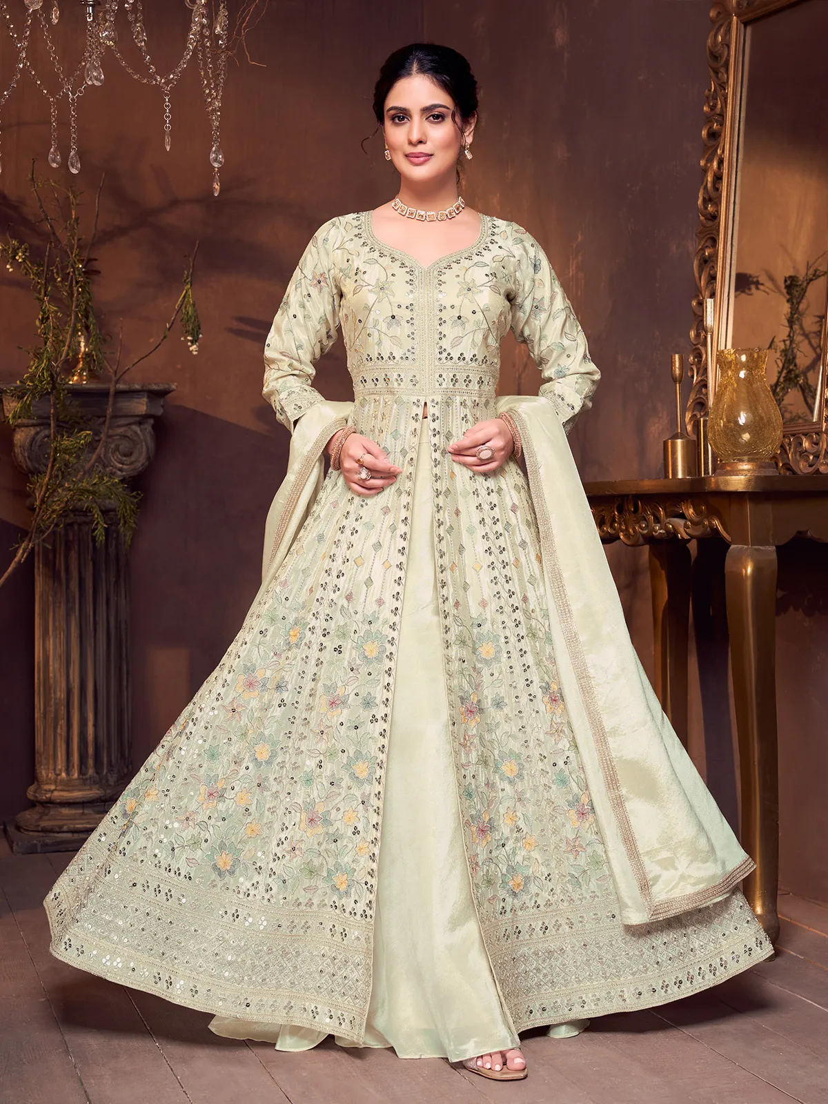 white embroidered anarkali dress Offwhite Anarkali with Embroidered Jacket S main image 0