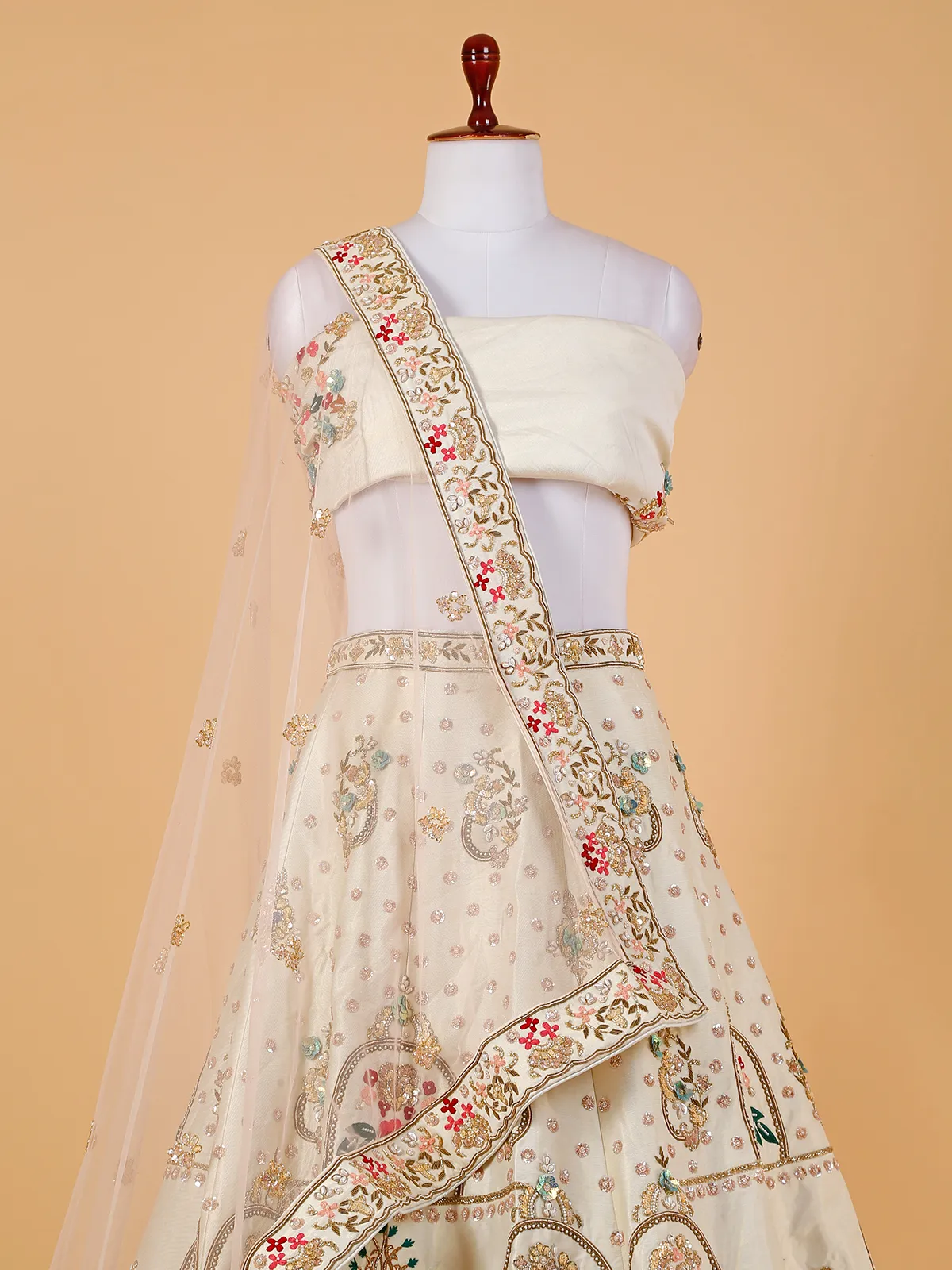 Cream unstitched raw silk lehenga choli