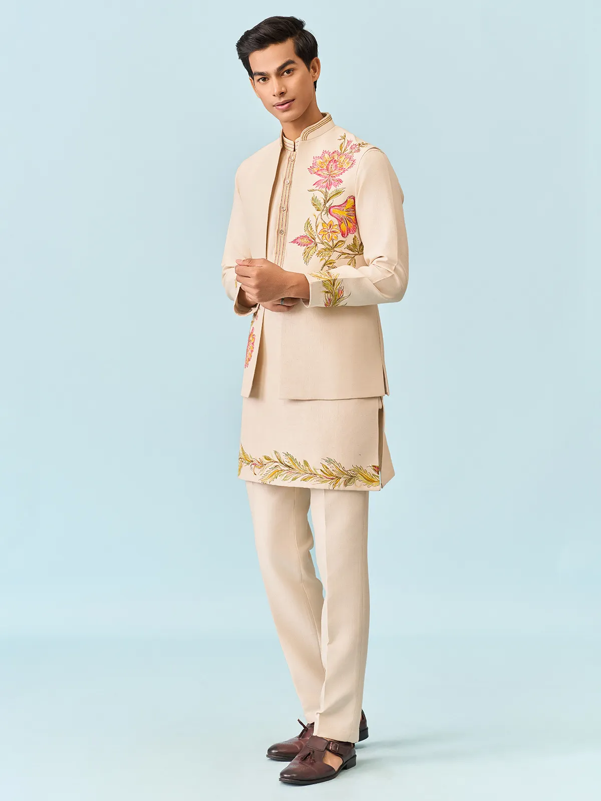 Cream waistcoat set with serene hand print