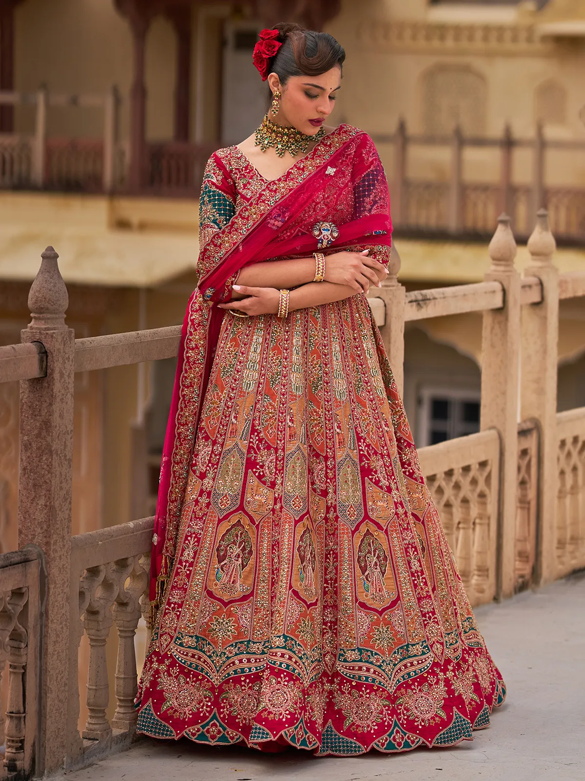 Crimson red silk net bridal lehenga choli