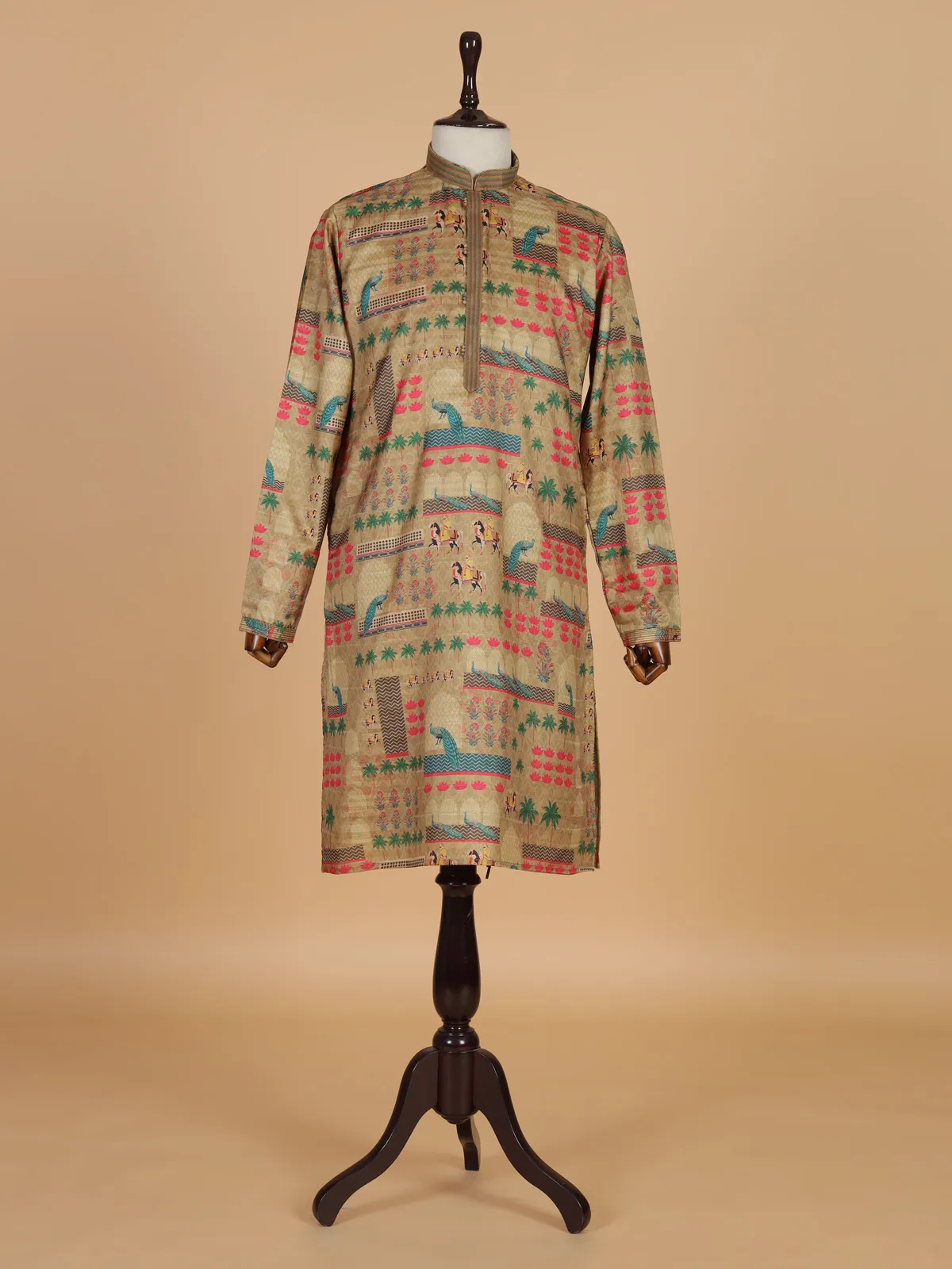 Dark beige printed kurta suit for festival for men