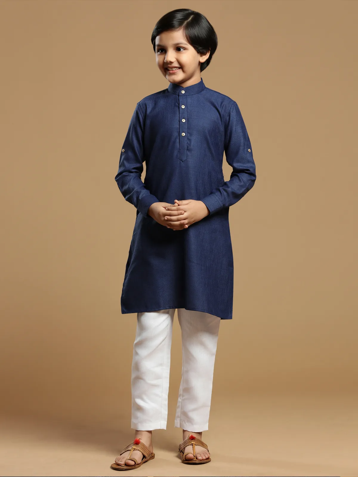 Dark blue color boys cotton solid kurta suit