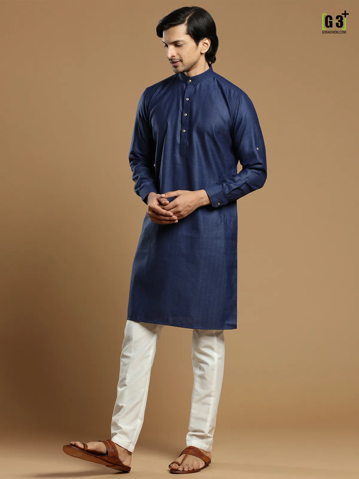 Dark blue color men cotton solid kurta suit