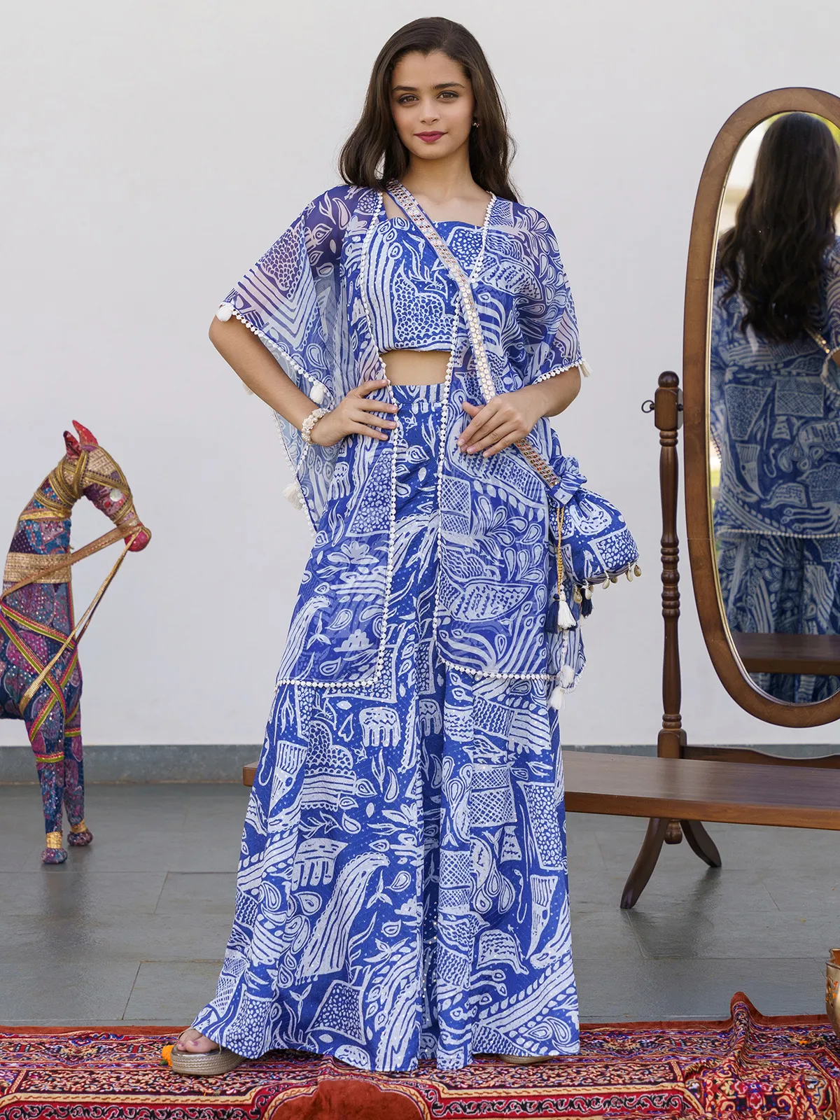 Dark blue printed jacket style palazzo suit