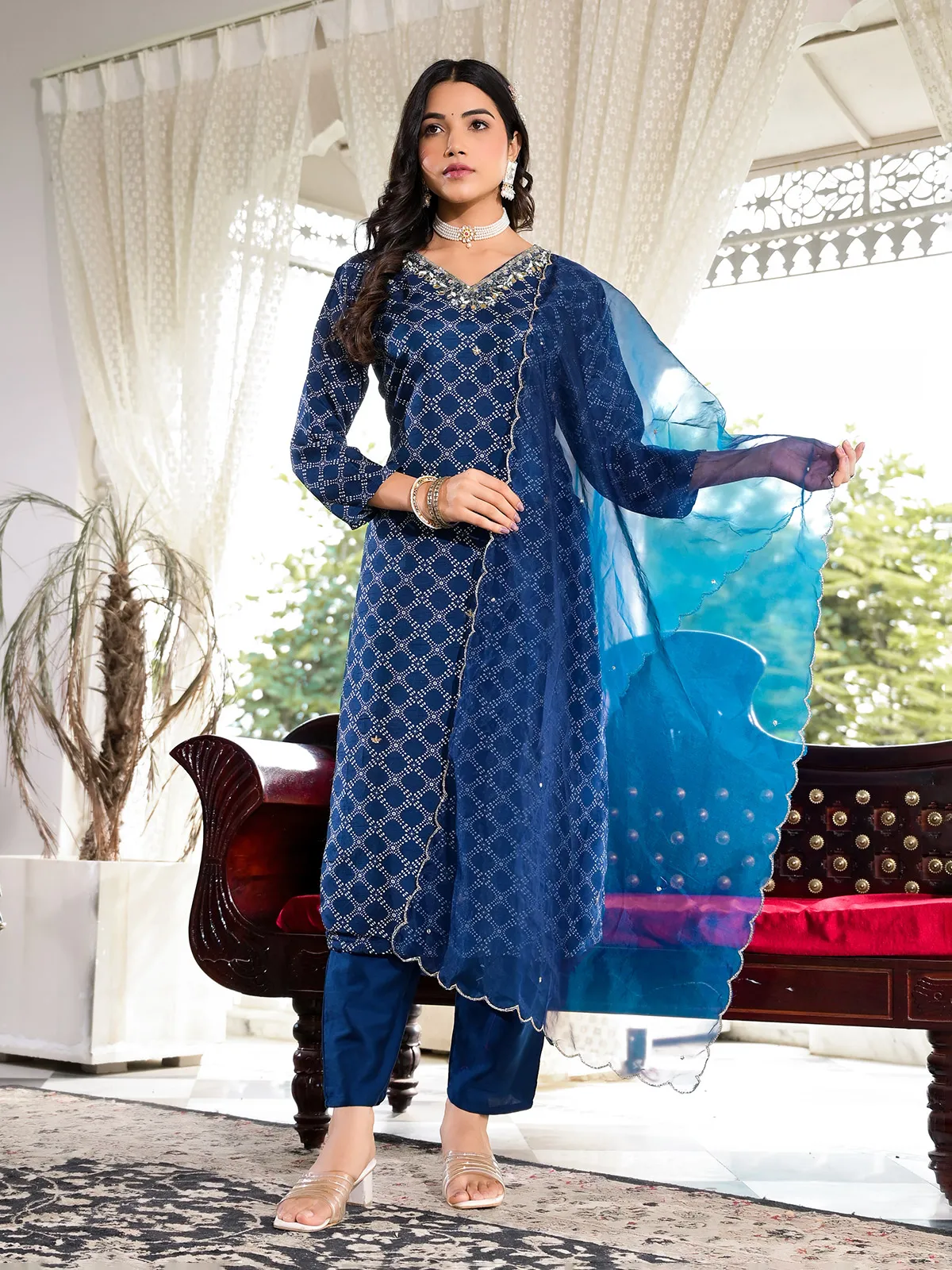 Dark blue silk printed kurti set