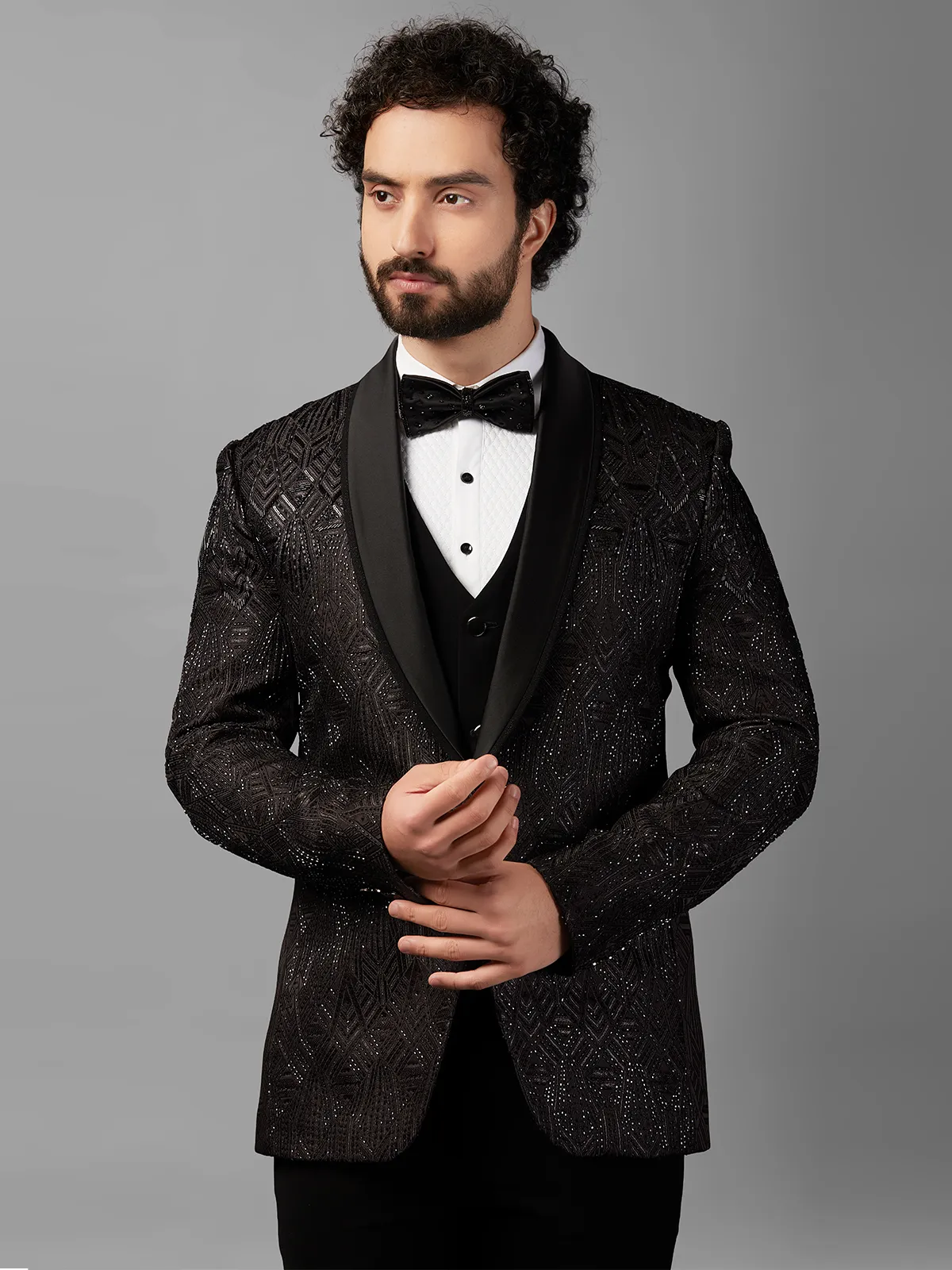 Classy black embellished coat suit