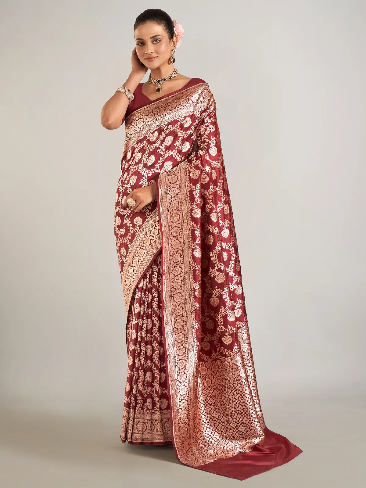 Dark brown zari weaving banarasi silk saree