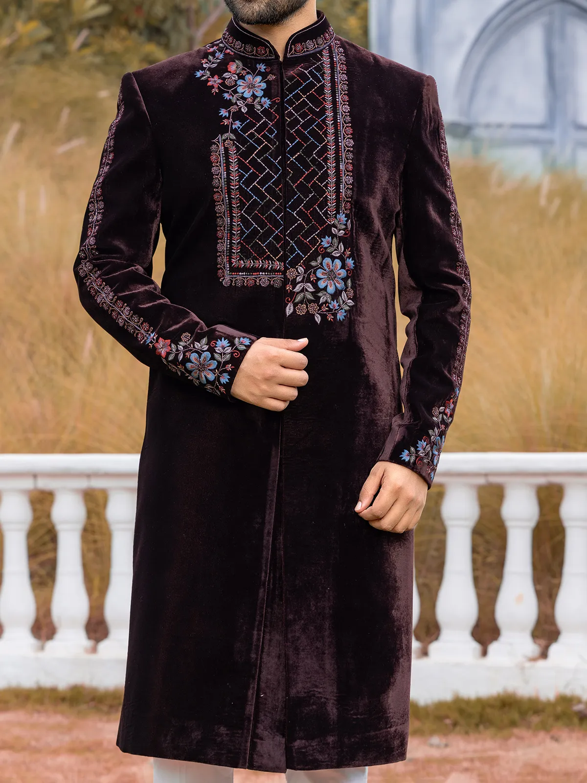 Dark chocolate brown velvet Indowestern for men