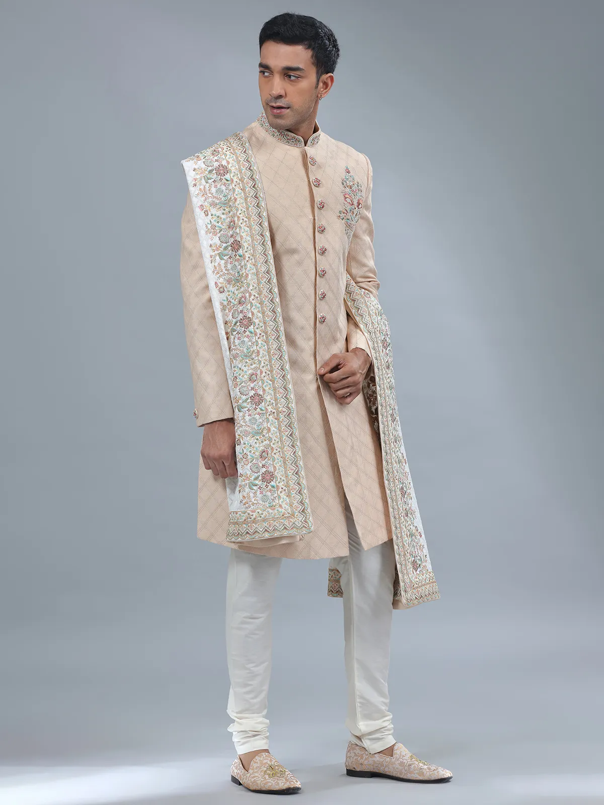 Dark cream silk sherwani for wedding